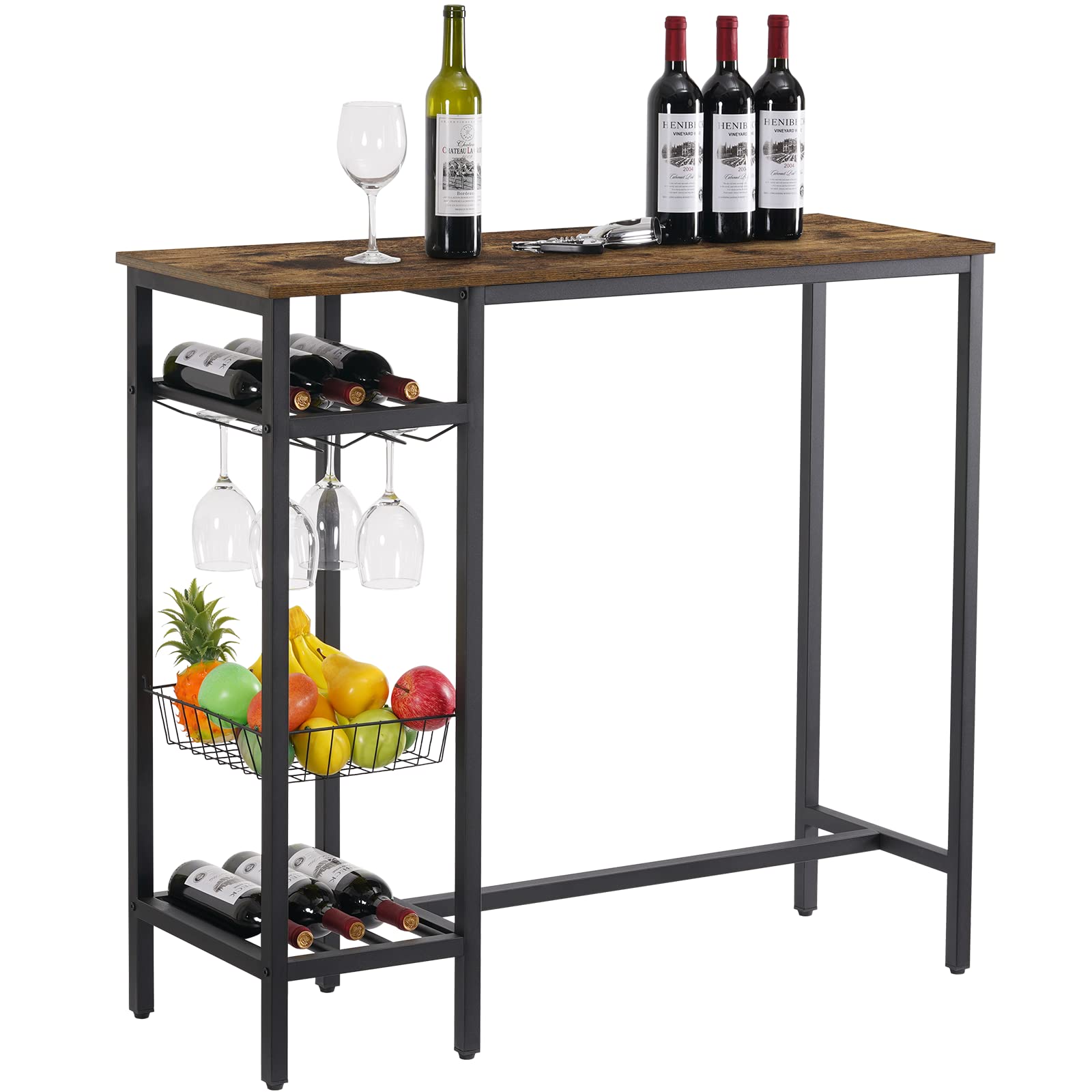 Giikin Bar Table - Counter Height Dining Table with Wine Glass Holder & Bottle Rack, 3 Storage Shelves - Kitchen & Living Room Bar Table (Brown) | Perfect for Small Spaces, Entertaining Guests & Modern Home Decor