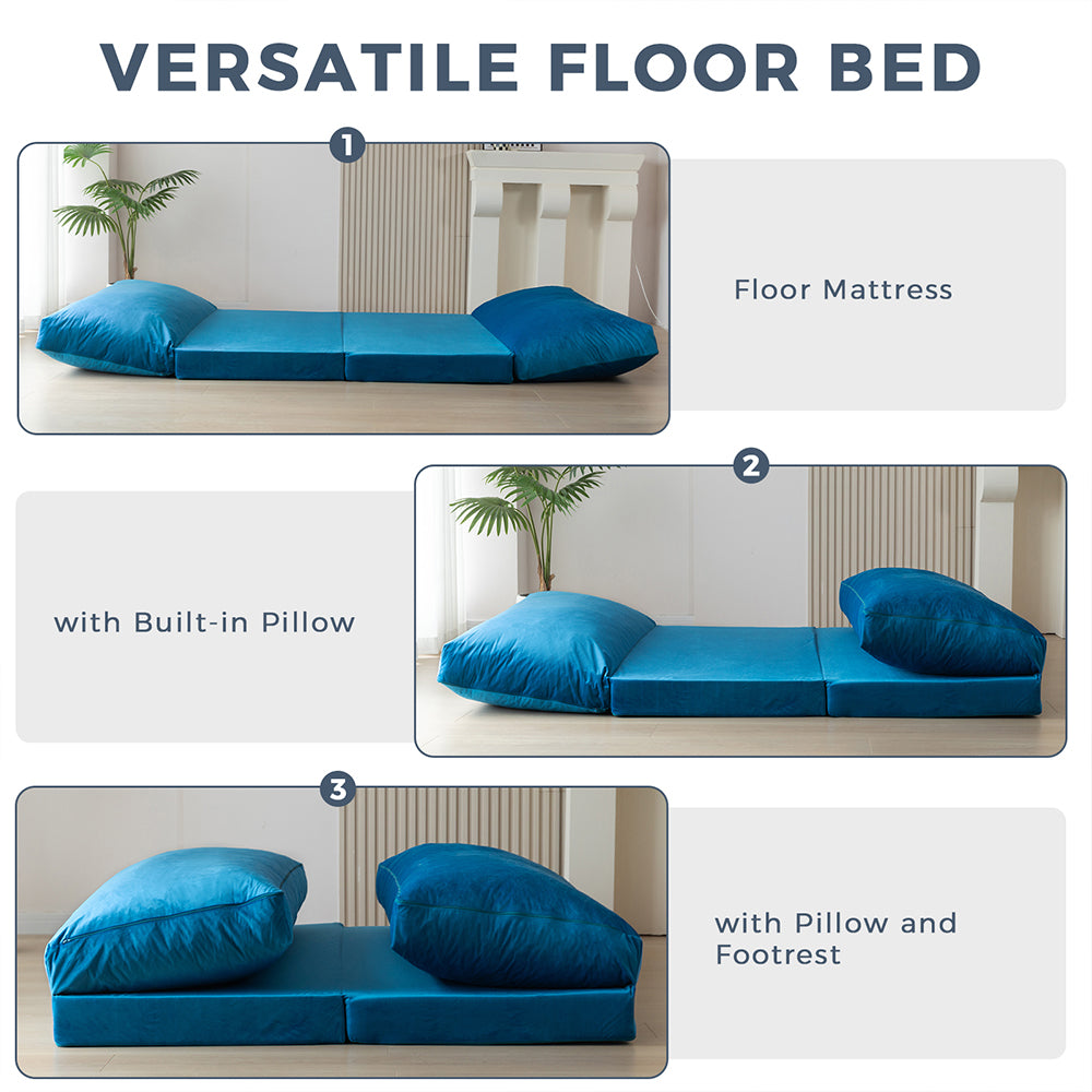MAXYOYO Velvet Bean Bag Folding Sofa Bed - Washable Cover for Adults, Blue | Comfortable Floor Seating for Living Room, Bedroom & Dorm