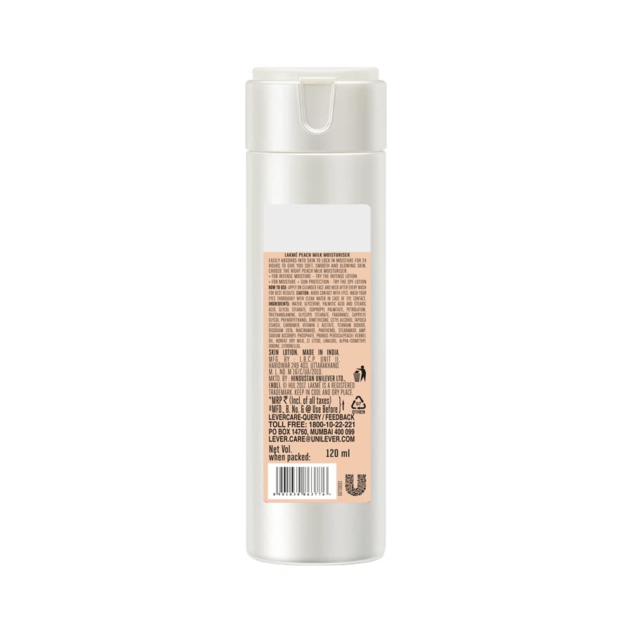 LAKMÉ Peach Milk Face Moisturizer 120ml - Vitamin C & E Enriched Lightweight Daily Lotion for Soft, Glowing Skin | 12H Non-Oily Hydration | Perfect for Day & Night Use, Travel & On-The-Go Skincare | Women's Facial Moisturizer