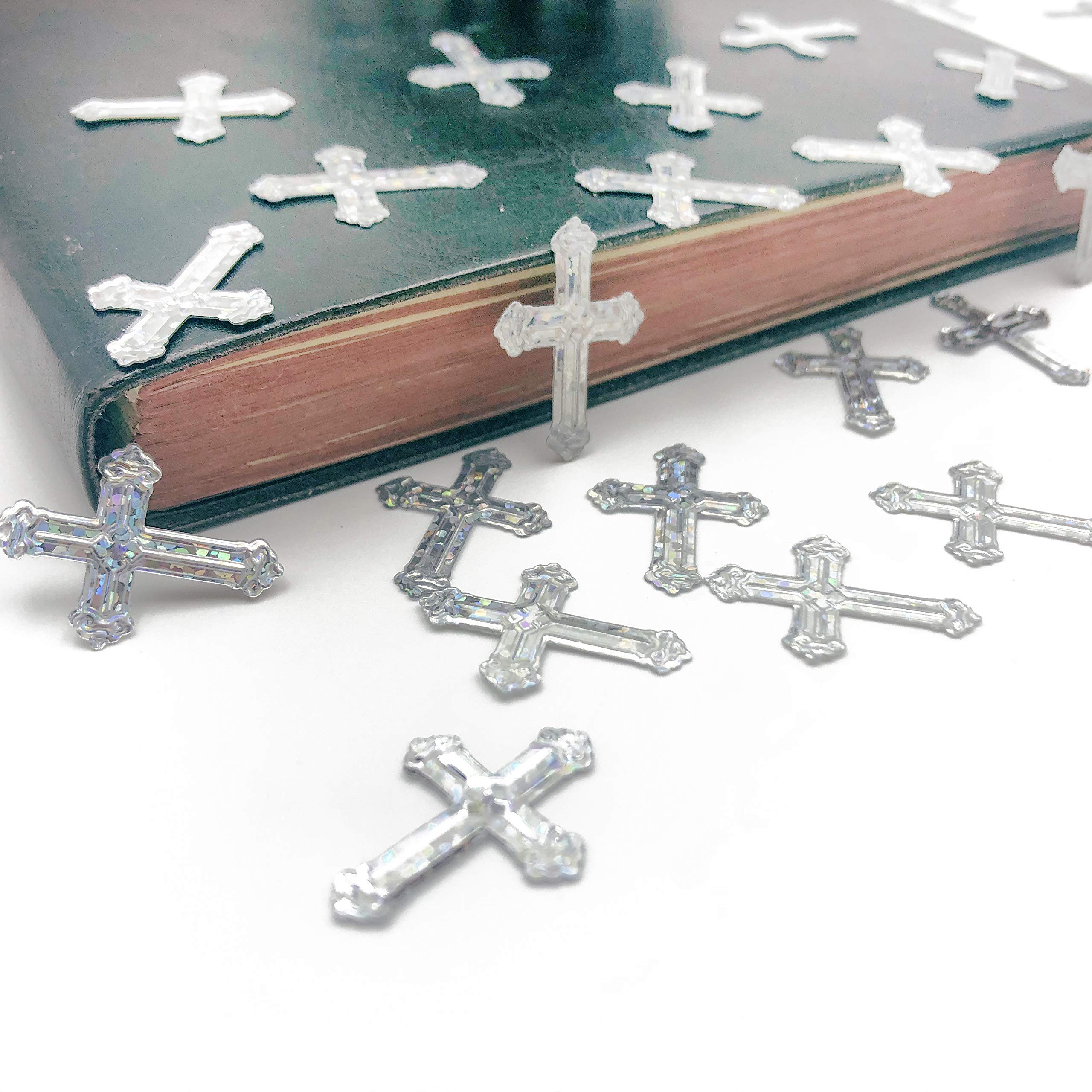 Religious Baptism Confetti - Iridescent Silver Cross Table Scatter (1.5oz, 1100pcs) for Christening, Thanksgiving, Birthday, Bachelorette, Wedding, Engagement, Bridal & Baby Showers, Bar Mitzvah Party Decorations & Favors | Perfect for Church Celebrations & Special Occasions