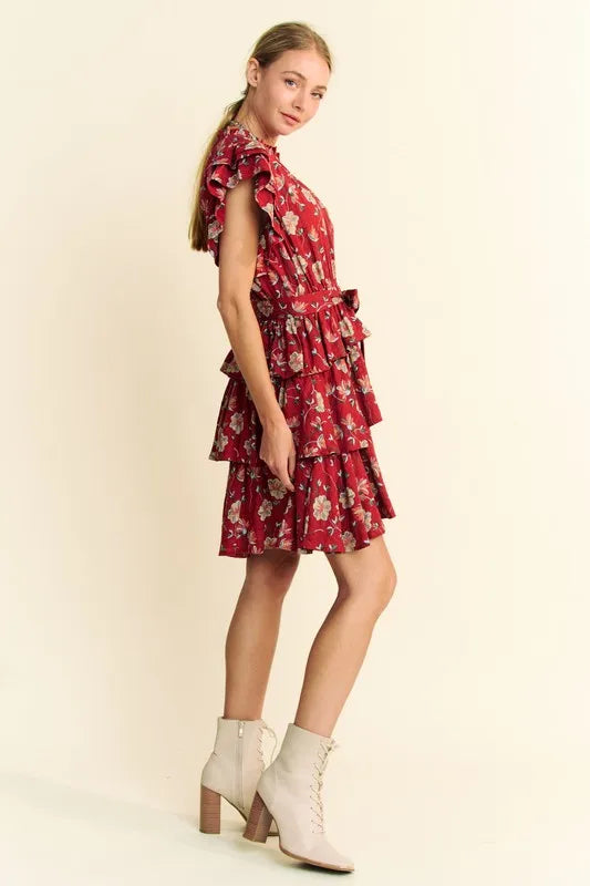Red Floral Print Tie Waist Tiered Mini Dress for Women - Perfect for Summer Parties, Date Nights & Beach Vacations