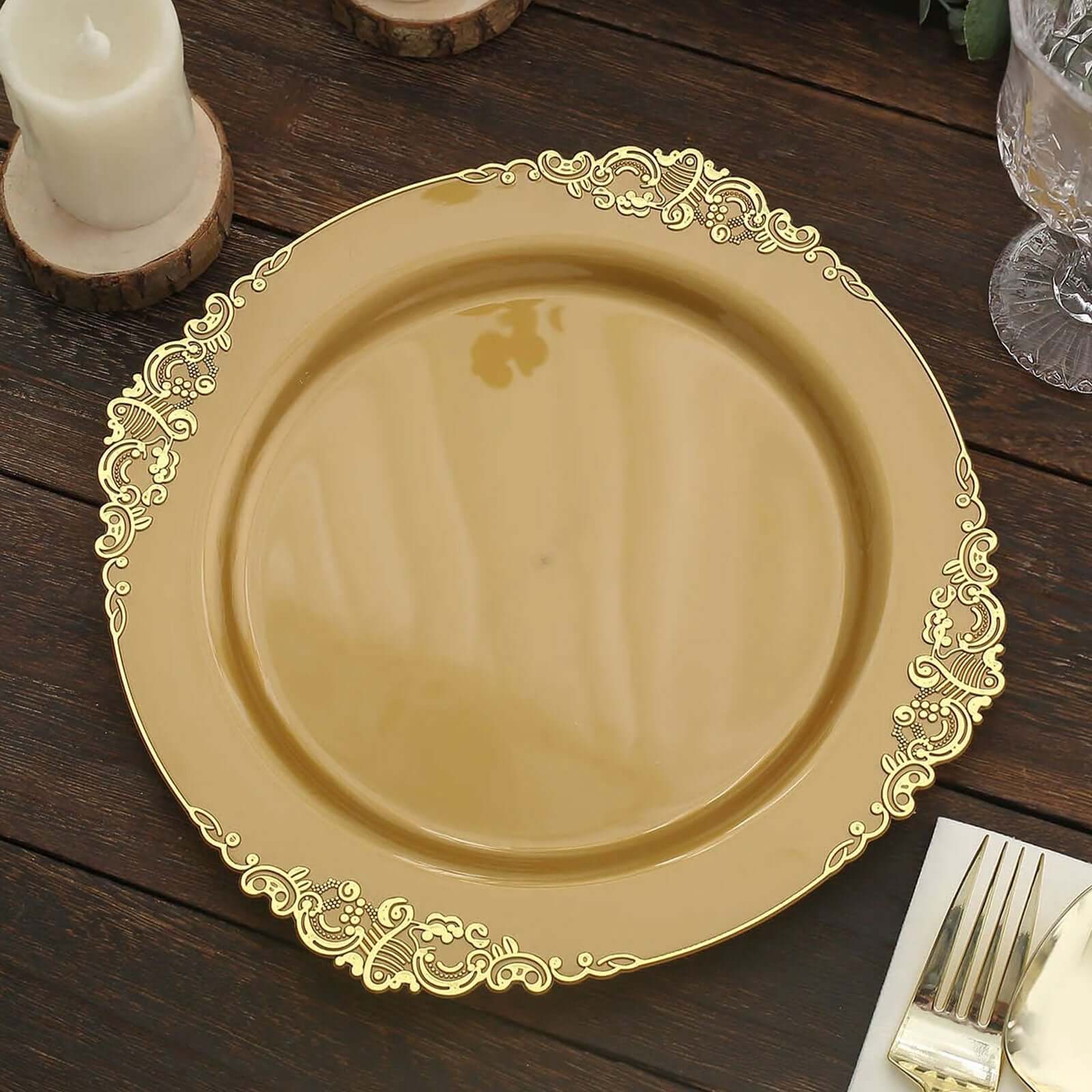 10 Pack Gold Plastic Round Dinner Plates with Leaf Embossed Rim - Disposable Vintage Baroque Style Plates for Weddings, Parties & Luxury Events - Perfect for Elegant Dining, Buffets & Special Occasions