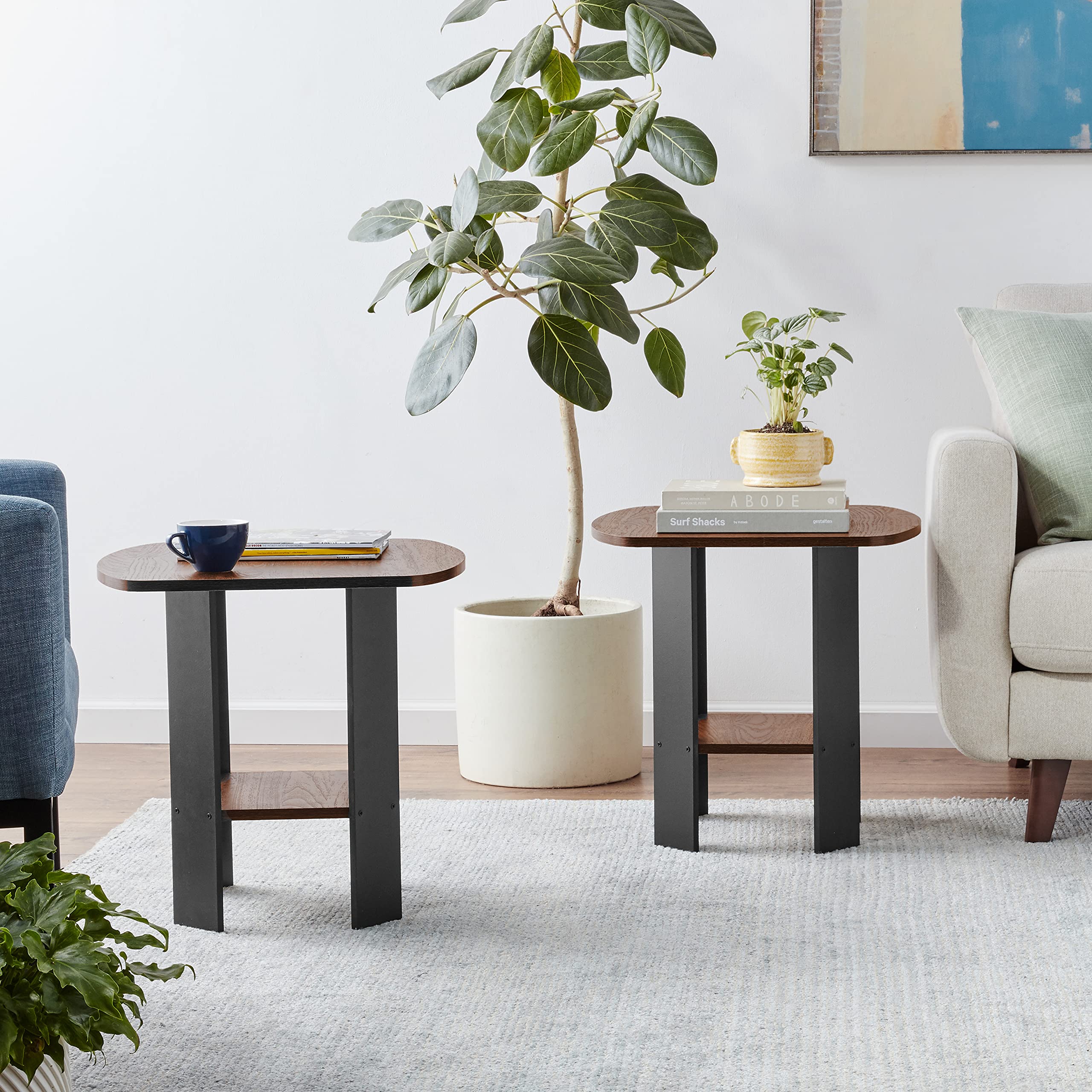 Furinno Simple Design 2-Pack End Side Table, Columbia Walnut/Black Finish - Nightstand, Living Room Accent Table, Bedside Table for Small Spaces