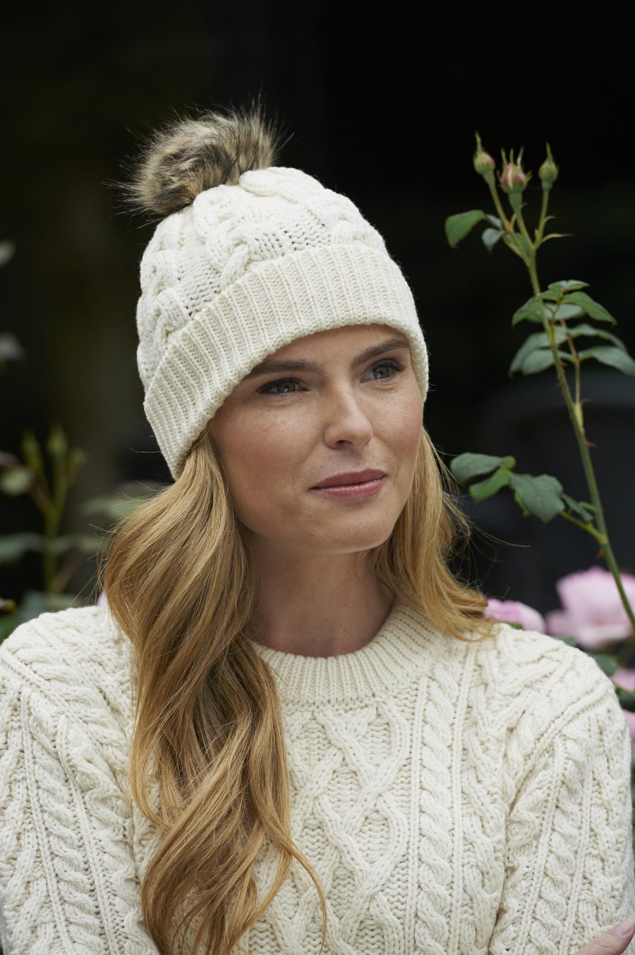 Warm Aran Cable Knit Beanie with Faux Fur Pom Pom - 5 Stylish Colors for Winter Fashion, Outdoor Activities & Cold Weather Protection