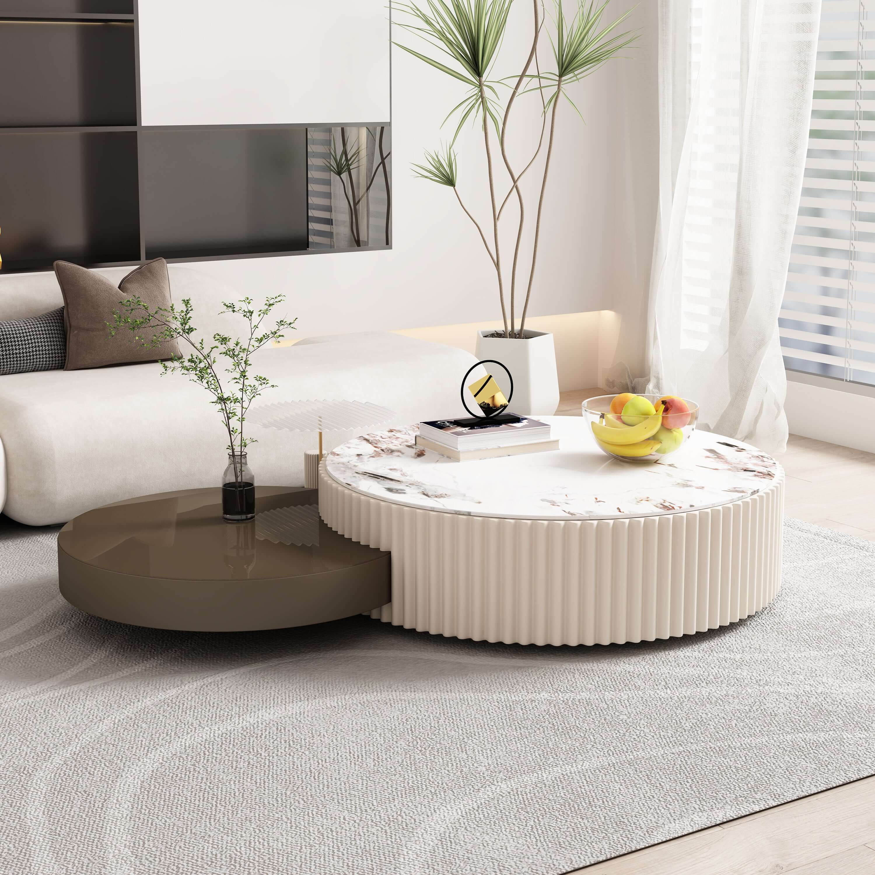Modern White & Grey Nesting Coffee Table Set of 3 with Storage & Durable Stone Top - Perfect for Living Room, Small Space Furniture, Home Decor