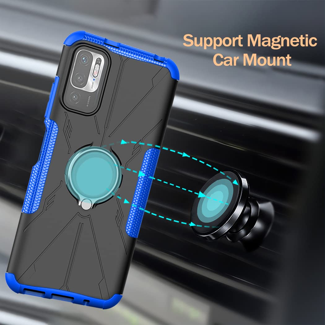 Shockproof Magnetic Kickstand Case for Redmi Note 10 5G/Poco M3 Pro/Redmi Note 10T 5G - Includes Tempered Glass Screen Protector | Perfect for Work, Travel & Everyday Protection (Blue)