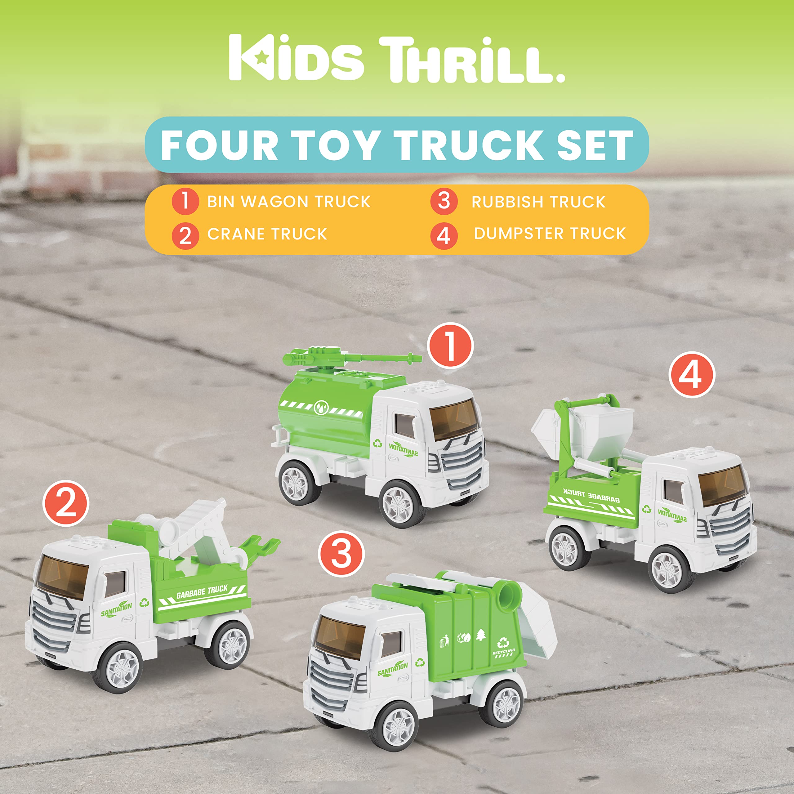 KIDSTHRILL Small Toy Garbage Truck Set for Kids Ages 3-12 - 4pc Collection with Garbage Truck, Trash Truck & Dump Truck Models - Perfect for Pretend Play, Birthday Gifts & Educational Toys