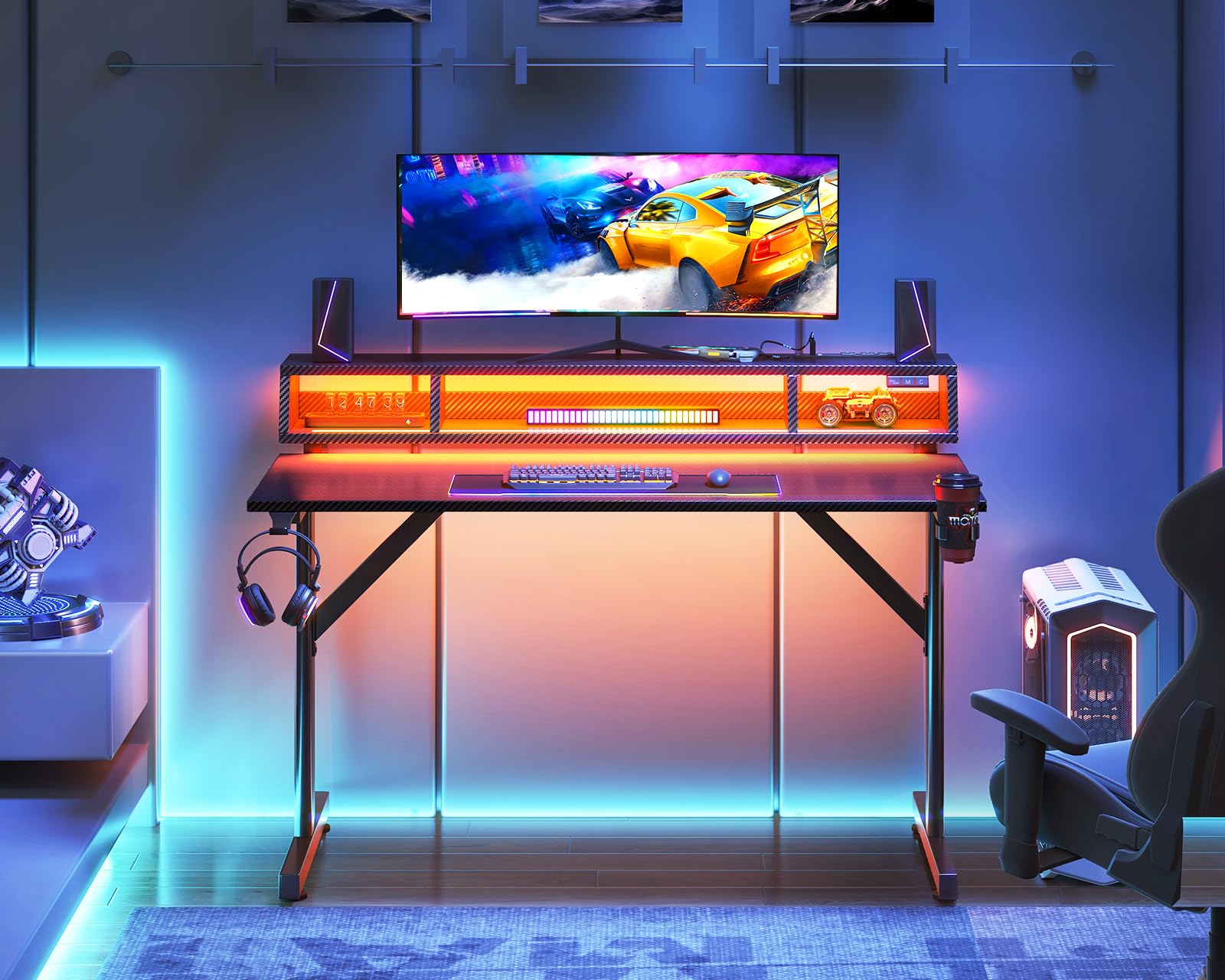 MOTPK 40 Inch LED Gaming Desk with Power Outlets & Floating Monitor Stand - Carbon Fiber Texture Computer Table for Kids & Teens - Perfect for Small Spaces, Gaming Setups & Home Office Workstations
