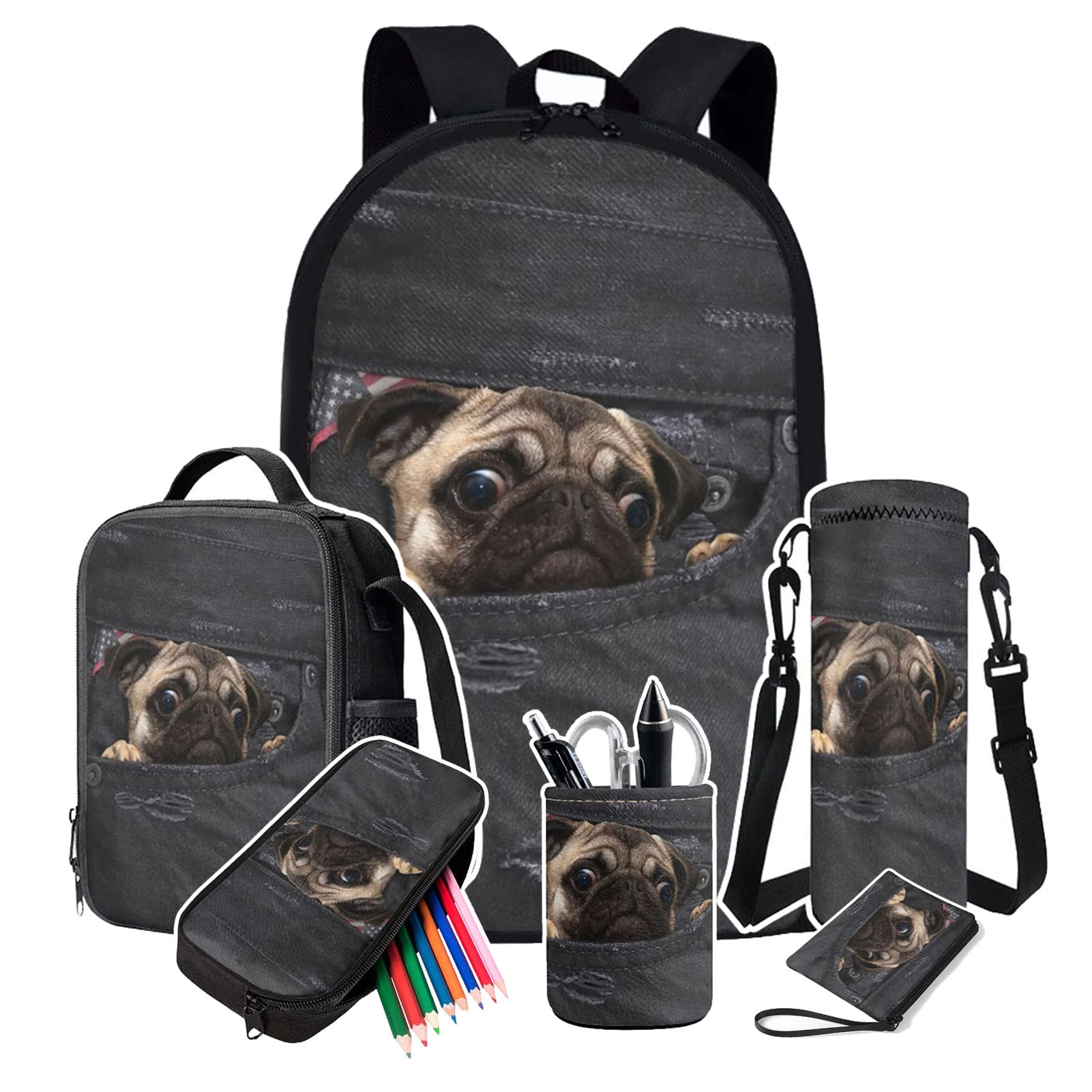 Cute Pug Dog School Backpack Set for Teen Girls & Boys - 6Pcs Bookbag with Lunch Box, Pencil Case, Pen Holder & Water Bottle Bag | Durable Black Jeans Design for School, Travel & Daily Use