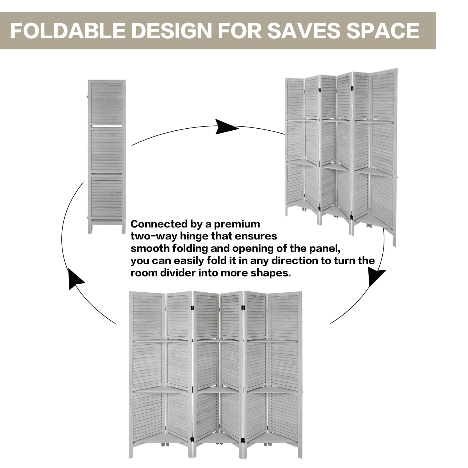 ECOMEX 6-Panel Room Divider with Shelves - White Folding Privacy Screen & Freestanding Partition for Home Office, Studio Apartment | Space-Saving Temporary Wall for Room Separation & Organization
