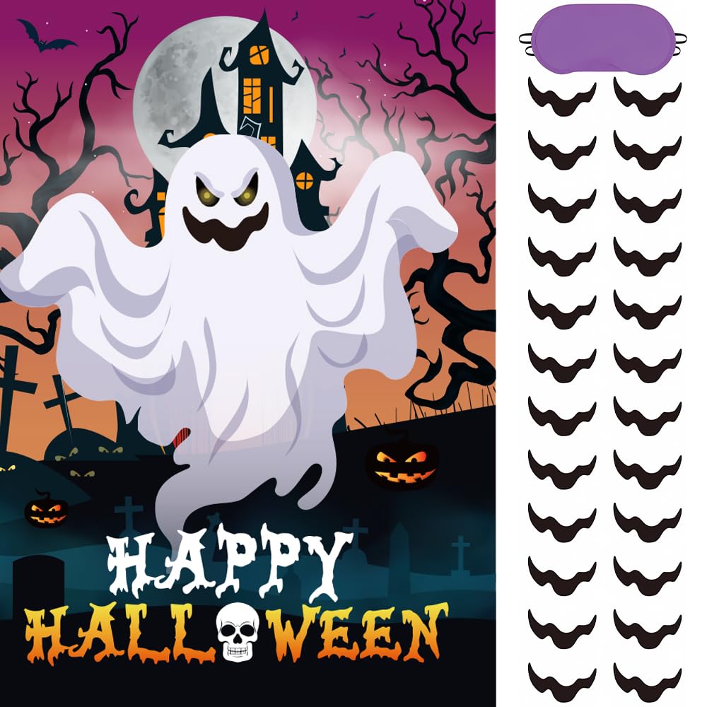 Halloween Party Games Decorations for Kids - Pin The Tail Game Set with Spider Web & Ghost House Props - Outdoor Halloween Activities for Family & Friends (Spooky Ghost Theme) - Perfect for Trick-or-Treat Events, Haunted House Parties & Classroom Celebrations