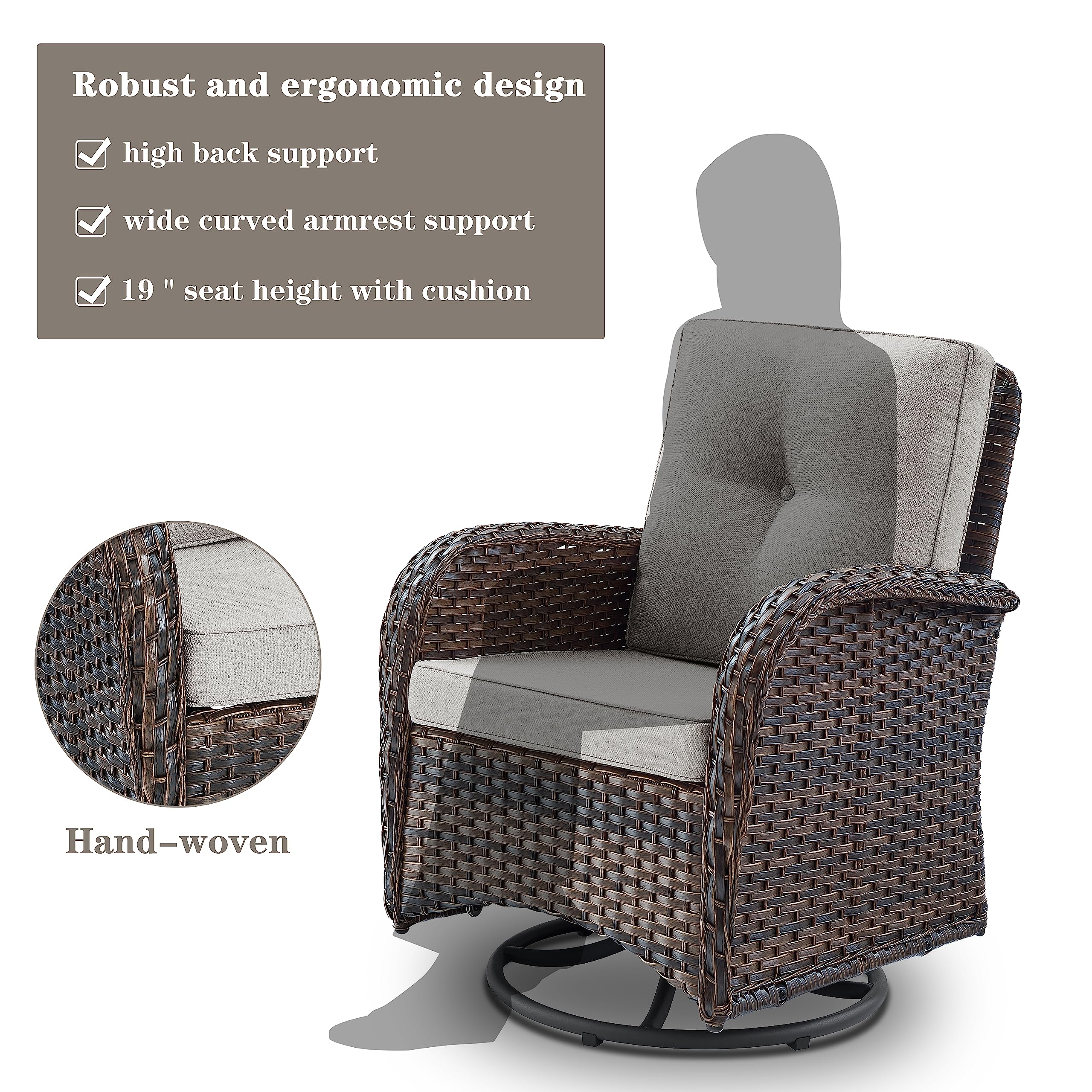 PE Wicker Swivel Glider Chair with Cushions - Patio Furniture for Outdoor Porch, Deck & Balcony - Brown/Beige - Perfect for Relaxing, Reading & Enjoying Sunset Views