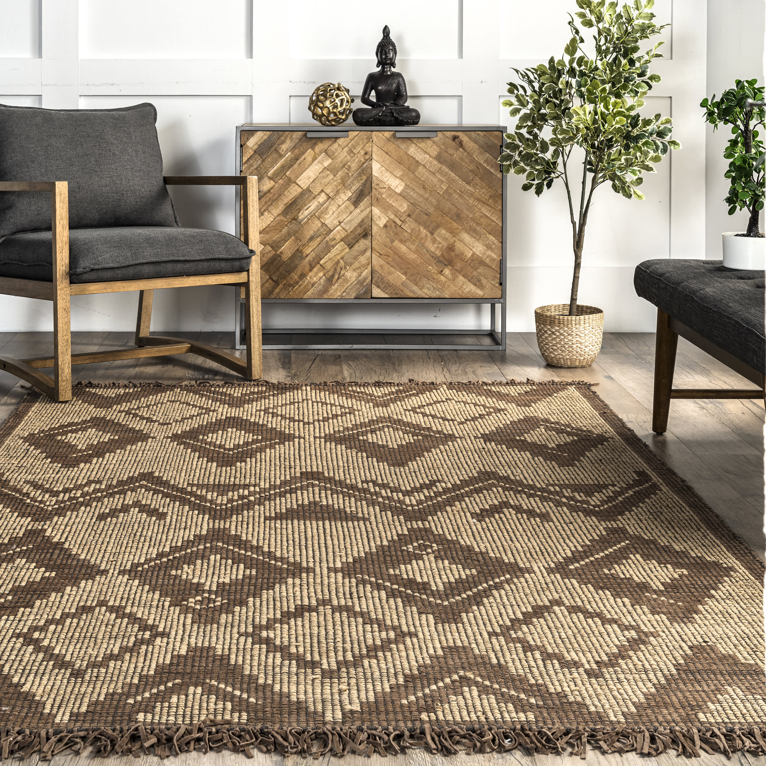 Debbie Tuareg Handwoven Natural Fiber Mat Rug - Boho Chic Floor Decor for Living Room, Bedroom & Outdoor Use