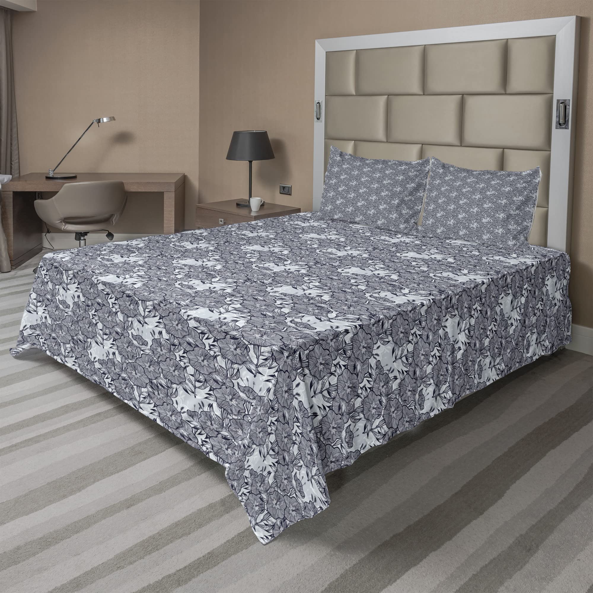 Ambesonne Floral King Sheet Set - 4 Piece Bedding with Bindweed Flower Bells Design, Fitted & Flat Sheets + Pillowcases, Blue Grey Night Blue - Perfect for Master Bedroom, Guest Room & Cozy Home Decor