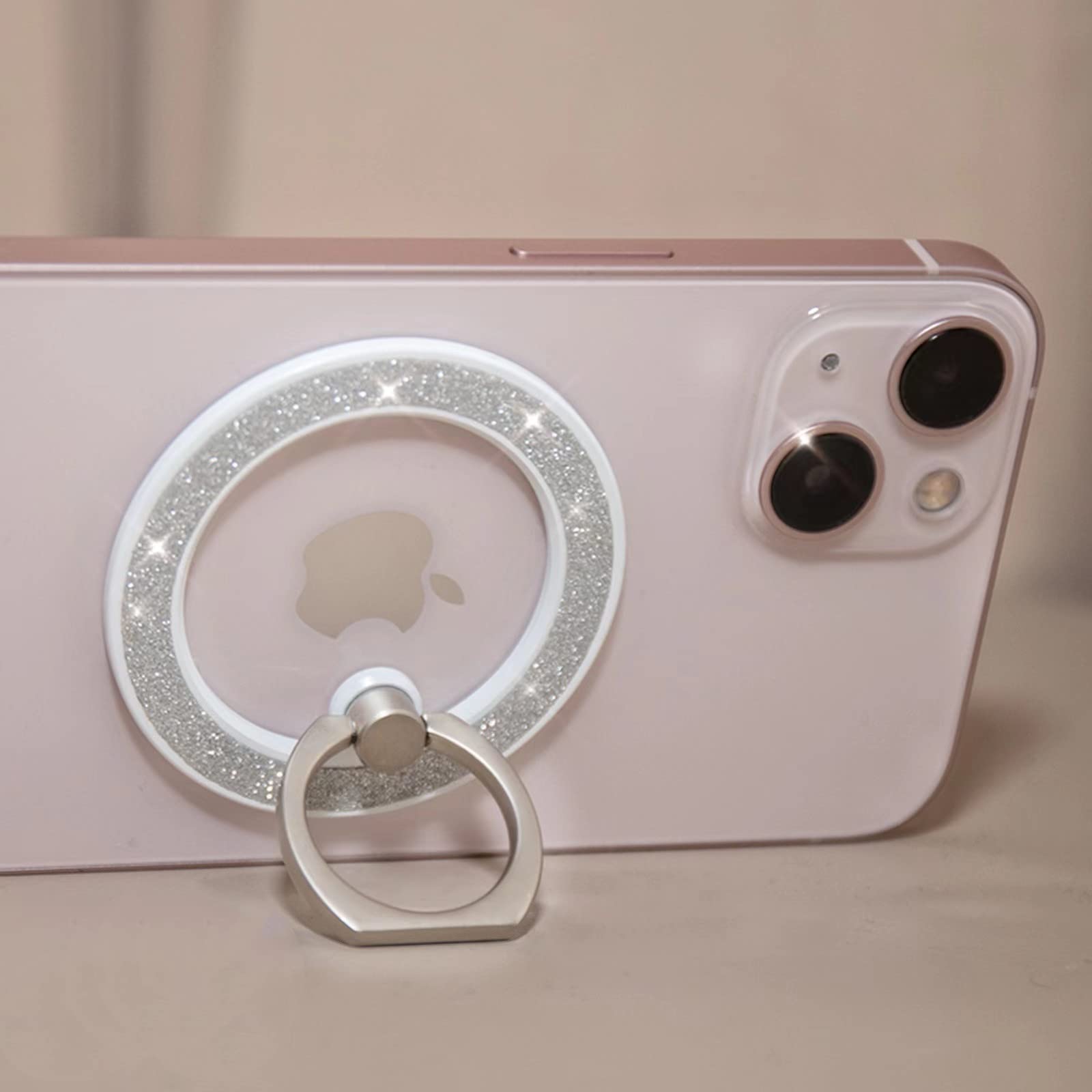 MindSky Magnetic Phone Ring Holder - Compatible with iPhone 15 14 13 12 & MagSafe Accessories | Adjustable 360° Finger Grip | Removable for Wireless Charging (Glitter White) | Perfect for Commuting, Gym & Daily Use