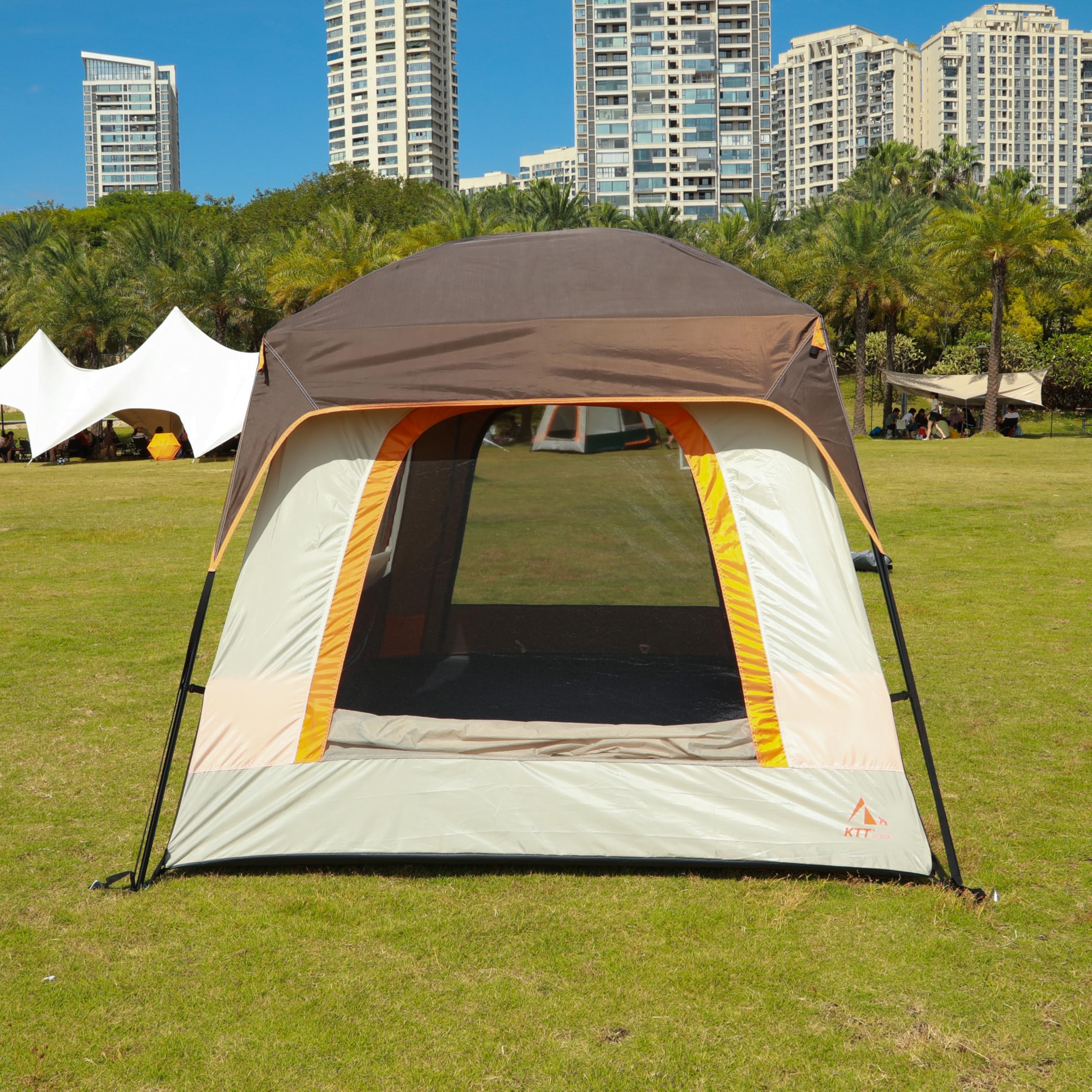 KTT Large Family Camping Tent for 6-8 Person, Waterproof Straight Wall Cabin Tent with 3 Doors & 3 Mesh Windows - Perfect for Outdoor Adventures, Picnics, Family Gatherings & Backyard Camping