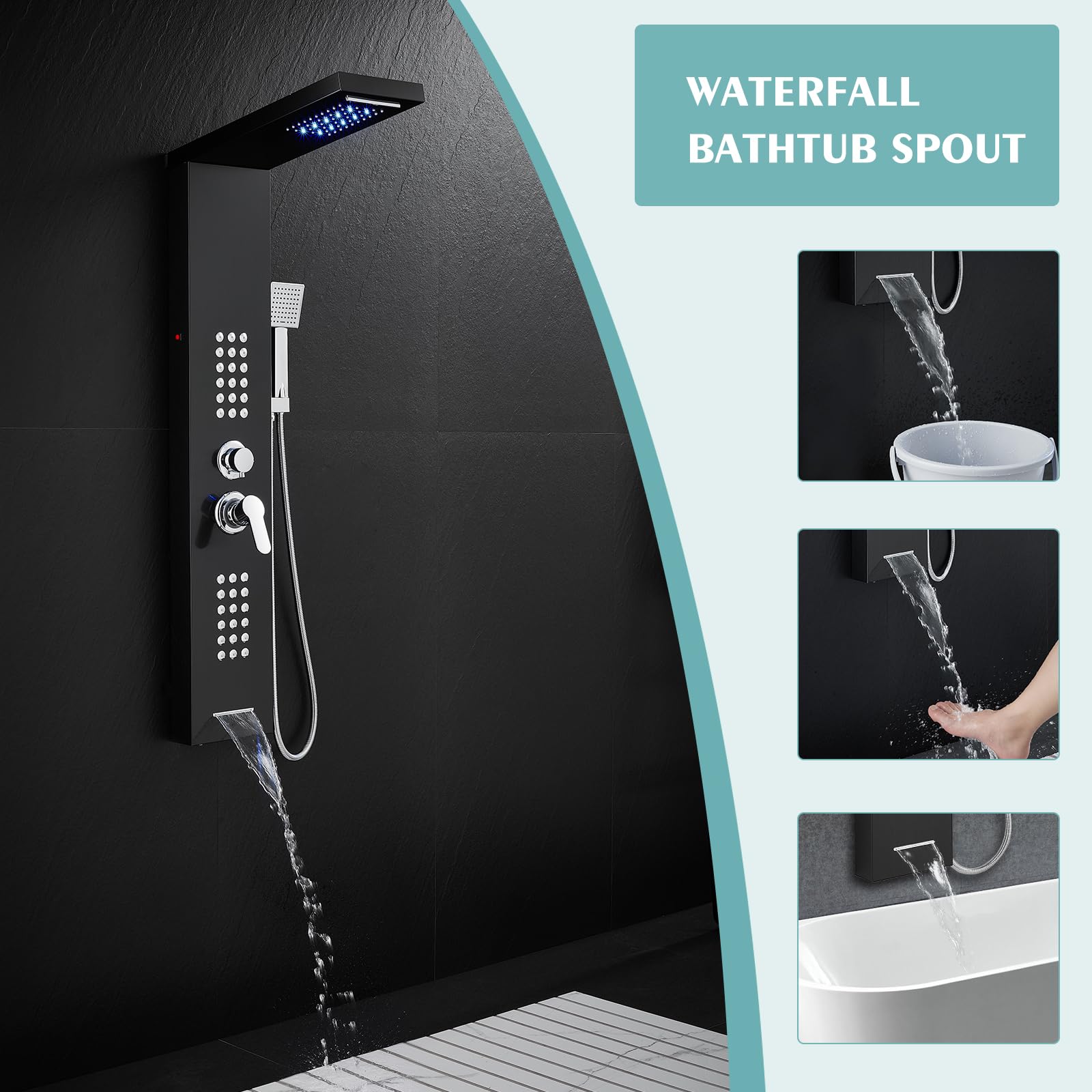Premium 5-in-1 LED Shower Panel Tower System with Rainfall Shower Head, Body Jets & Handheld Spray - High Pressure Stainless Steel Shower Column for Spa-Like Bathroom Experience | Perfect for Master Bathrooms & Luxury Home Renovations