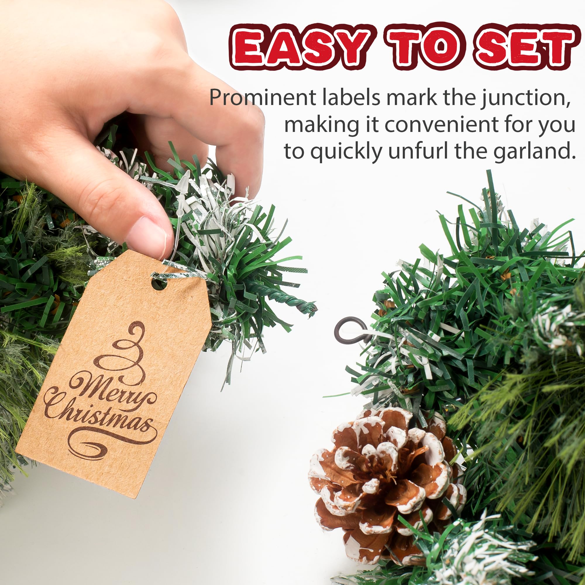 9 ft Prelit Christmas Garland with 100 LED Lights - Battery Operated Timer & 8 Lighting Modes - Faux Pine Garland with Natural Cones & Berries - Perfect for Mantle, Stairs, Fireplace, Holiday Home Decor
