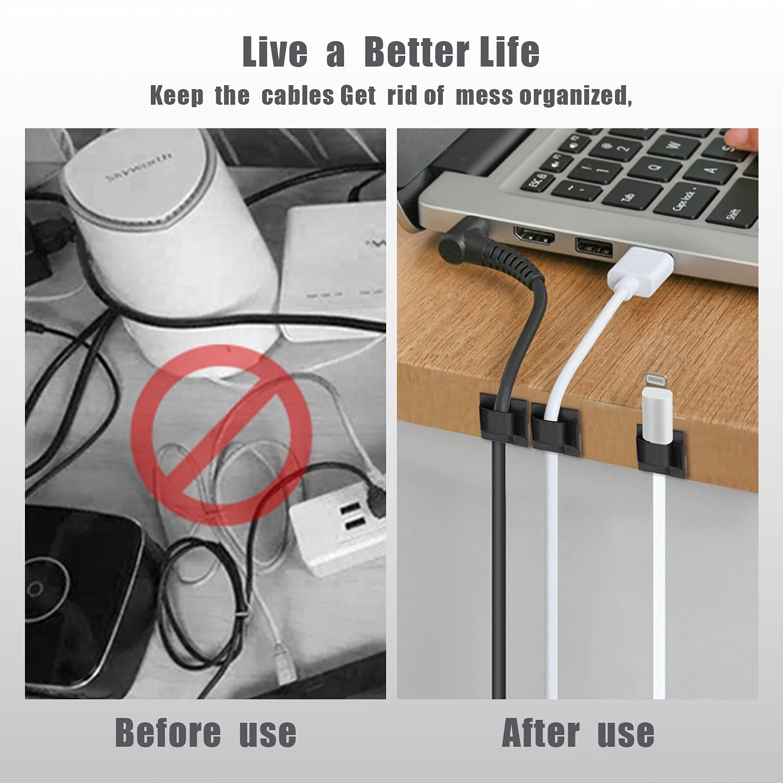 KINBOM 100 Pcs Cable Management Clips - Waterproof Adhesive R-Shaped Cable Organizers for LED String Lights, Home Office & Car Wire Organization (Black) | Perfect for Christmas Decor, Party Lights & Workspace Cable Management