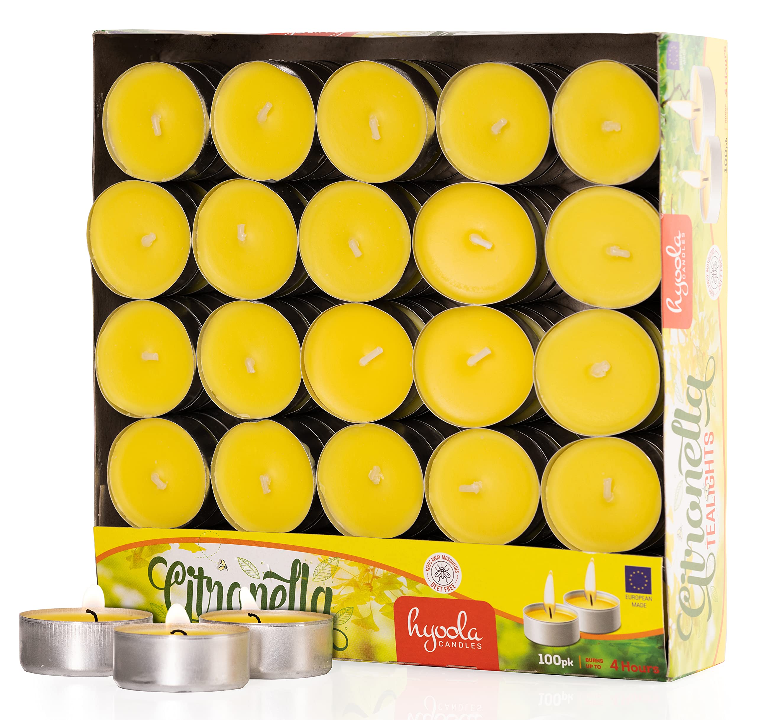 Hyoola Tealight Citronella Candles - Natural Mosquito Repellent Candles, DEET-Free, 4-Hour Burn Time, 100-Pack - Perfect for Outdoor Patio, Camping, and Backyard Parties