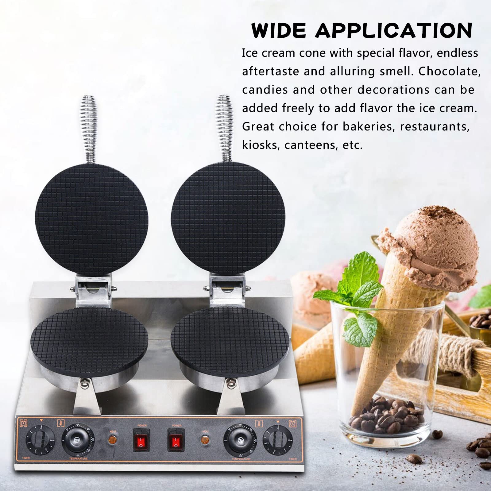 Electric Waffle Cone Maker Machine - Double Head Nonstick Stainless Steel Ice Cream Cone Baker for Commercial Restaurant, Dessert Shop & Home Use | Perfect for Making Crispy Waffle Cones, Ice Cream Bowls & Sweet Treats
