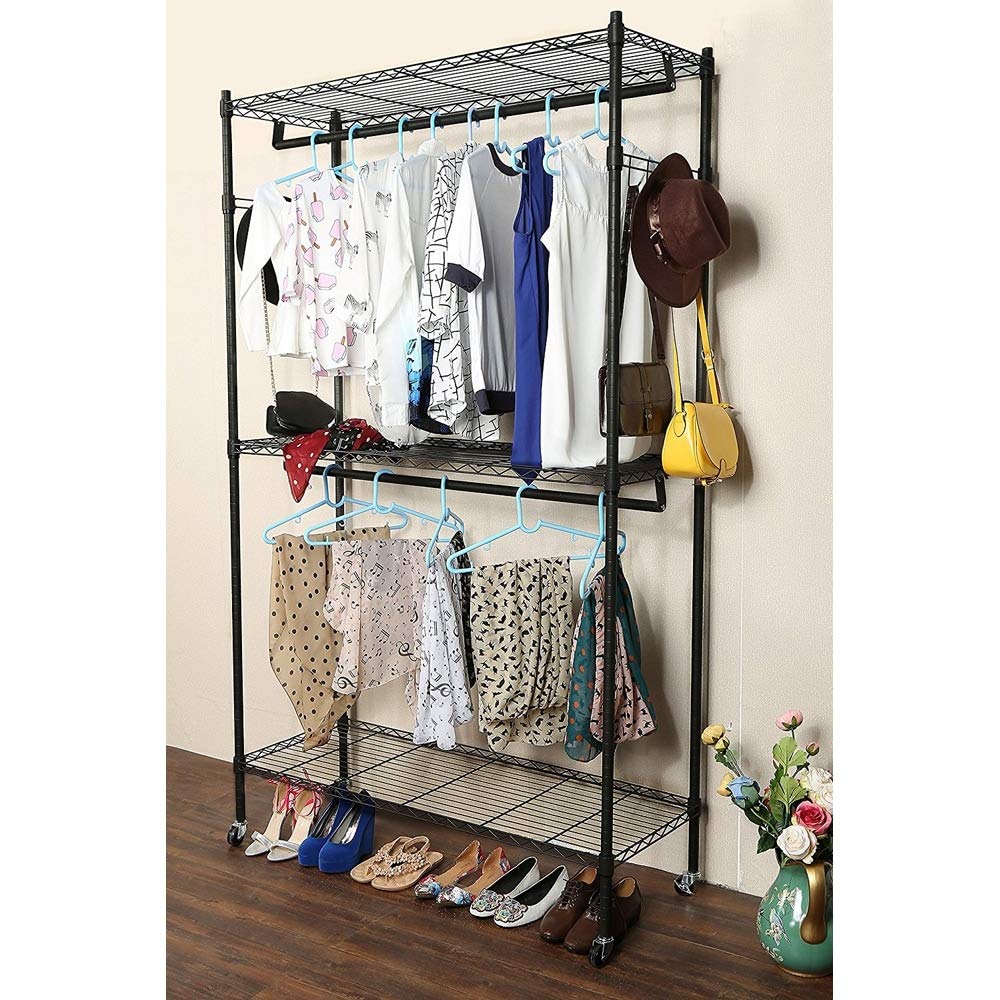 2-Tier Rod Closet Organizer - Space Saving Garment Rack with Hanging Shelf for Clothes Storage - Perfect for Bedroom, Closet & Dorm Organization (Black)