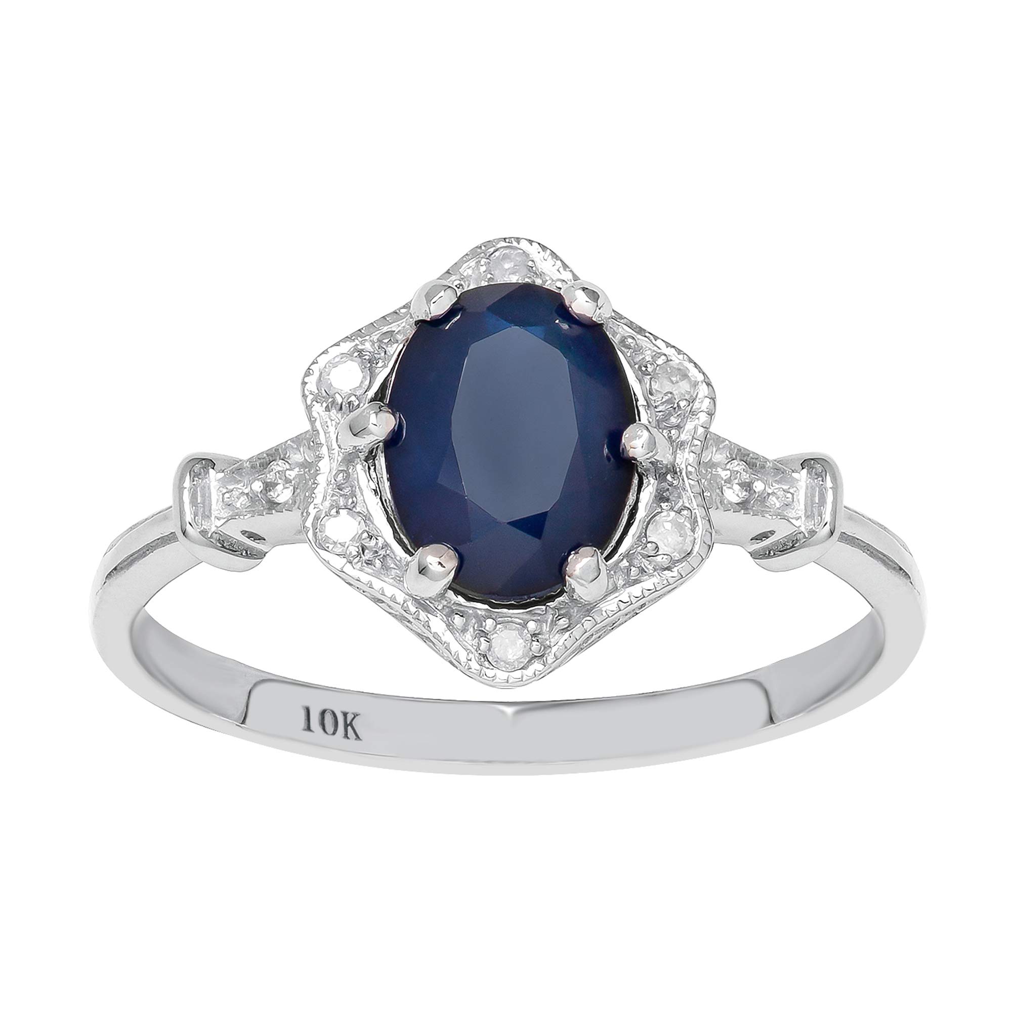 10K White Gold Vintage Style Oval Sapphire and Diamond Halo Ring for Women - Elegant Engagement, Wedding, Anniversary Gift - Perfect for Romantic Occasions & Special Celebrations