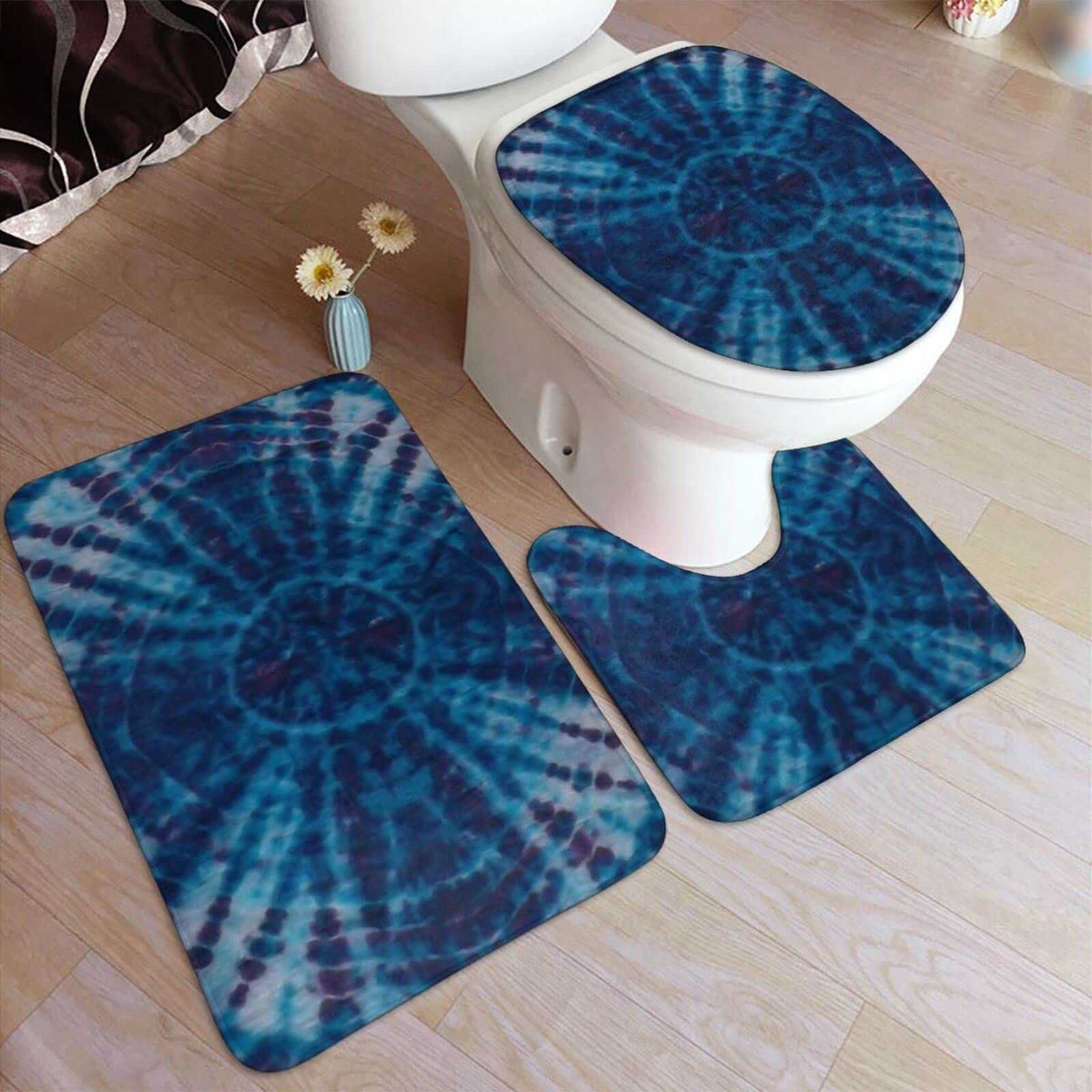 3-Piece Bathroom Rugs Set - Soft Non-Slip Blue Tie Dye Bath Mat, Absorbent U-Shaped Contour Rug & Toilet Lid Cover | Perfect for Bathroom, Shower & Tub Safety & Comfort