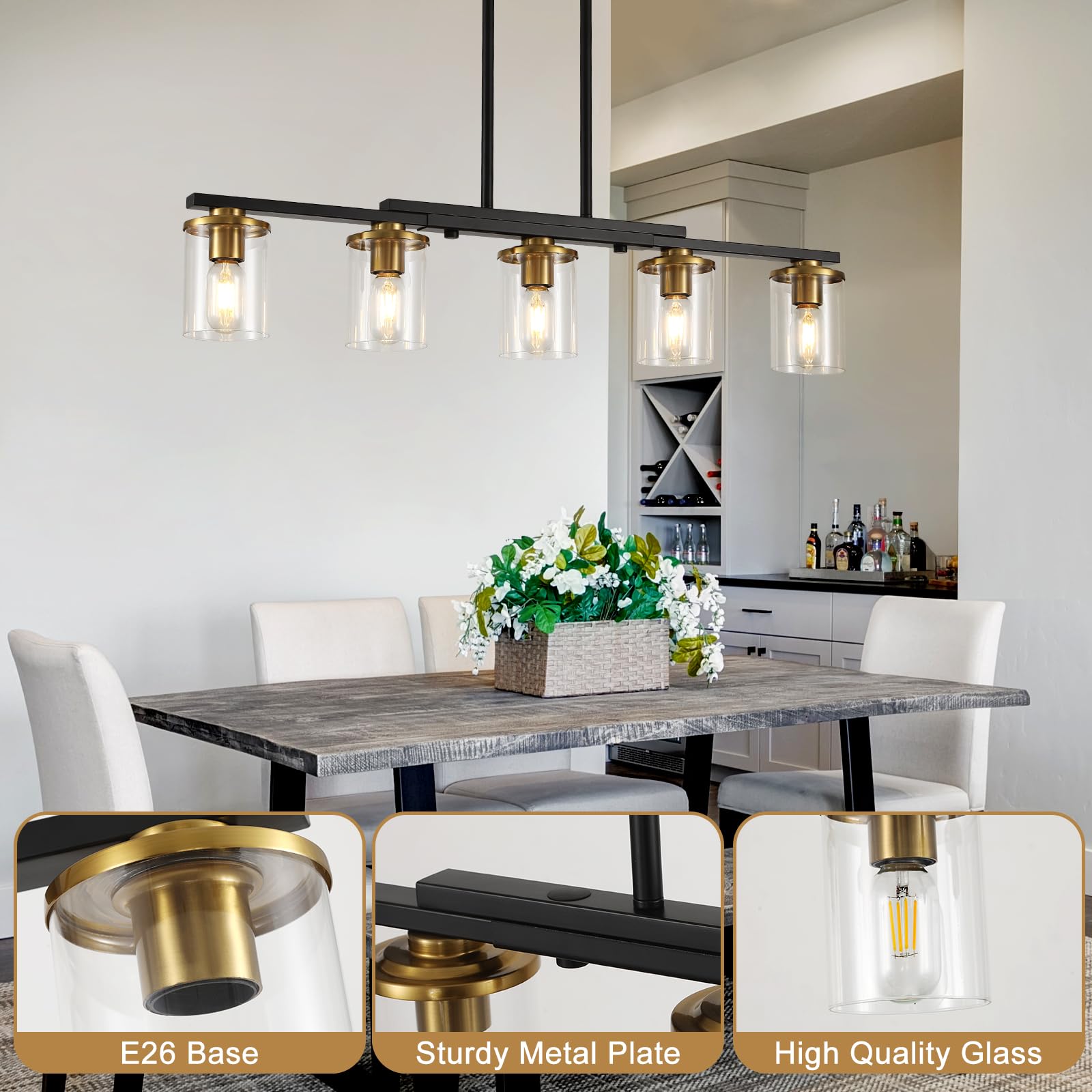 5-Light Modern Farmhouse Chandelier - Black & Gold Rustic Kitchen Island Lighting with Clear Glass Shades - Perfect for Dining Room, Breakfast Nook, and Kitchen Table Pendant Lighting