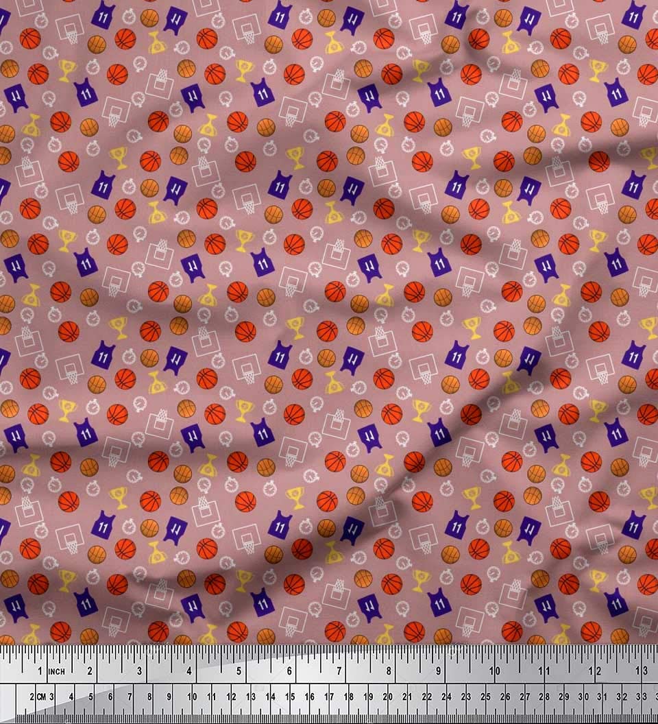 Soimoi 42 Inch Wide Satin Silk Fabric - Trophy, Timer Clock & Basketball Sports Decor Printed Fabric for DIY Crafts, Home Decor, and Sports Themed Projects