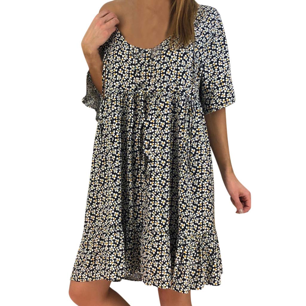 Women's Sexy Loose Print Half Sleeve Ruffled Mini Dress - Summer Floral Sundress for Beach Party, Date Night & Vacation Outfits
