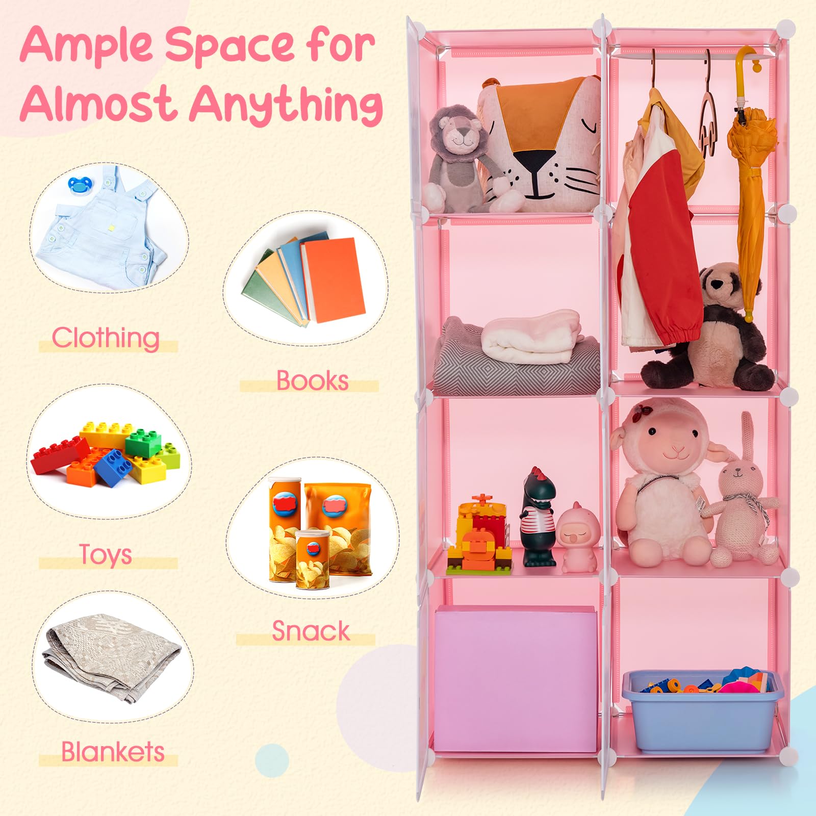 INFANS Kids Wardrobe & Closet Organizer - Portable Baby Dresser with 12 Storage Cubes & 2 Hanging Sections for Nursery, Bedroom (Pink, 8 Cubes) | Perfect for Toddler Clothes Storage, Toy Organization & Nursery Decor