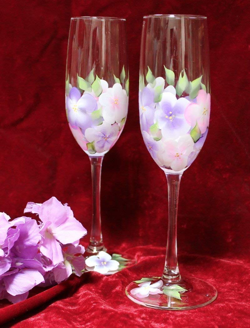 Hand Painted Champagne Flutes - Pink & Lavender Hydrangea Design, Set of 2 Glassware for Weddings, Anniversaries, Bridal Showers & Romantic Celebrations