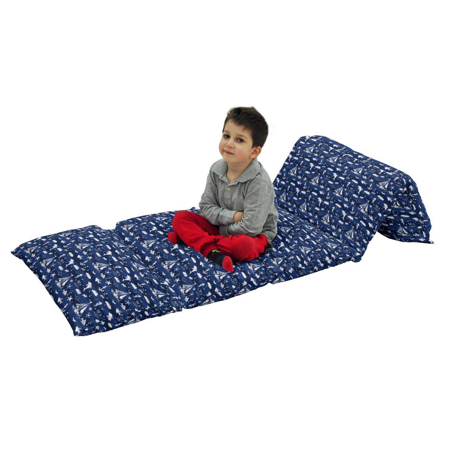 Ambesonne Navy Blue Floor Pillow Lounger Cover - Sailboat Vertical Stripe Nautical Design with Anchor, Fish & Seagulls Print - 88