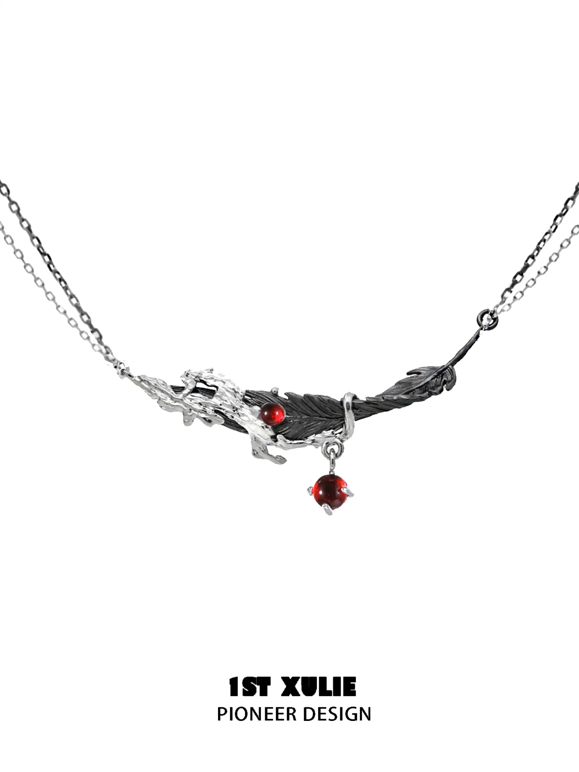 Lucifer Red Crystal 18K Black Gold Feather Necklace™ - Elegant Jewelry for Women, Gift for Her, Valentine's Day, Anniversary, Birthday, Party & Special Occasions