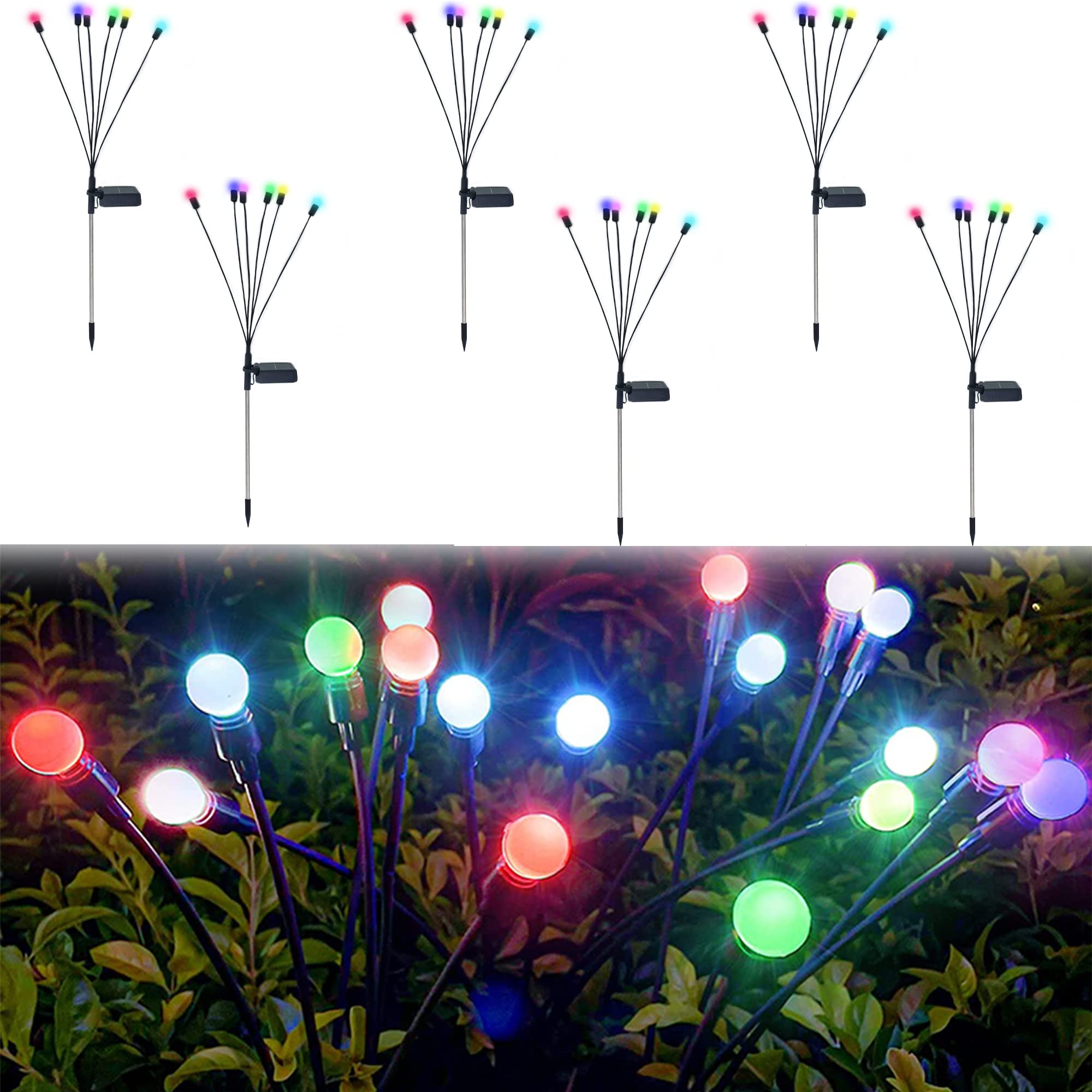 6 Pack Solar Powered Firefly Color Changing Outdoor Lights - Waterproof Garden Decor with Swaying Starburst Effect - Warm White Solar String Lights for Yard, Patio, Pathway & Landscape Lighting