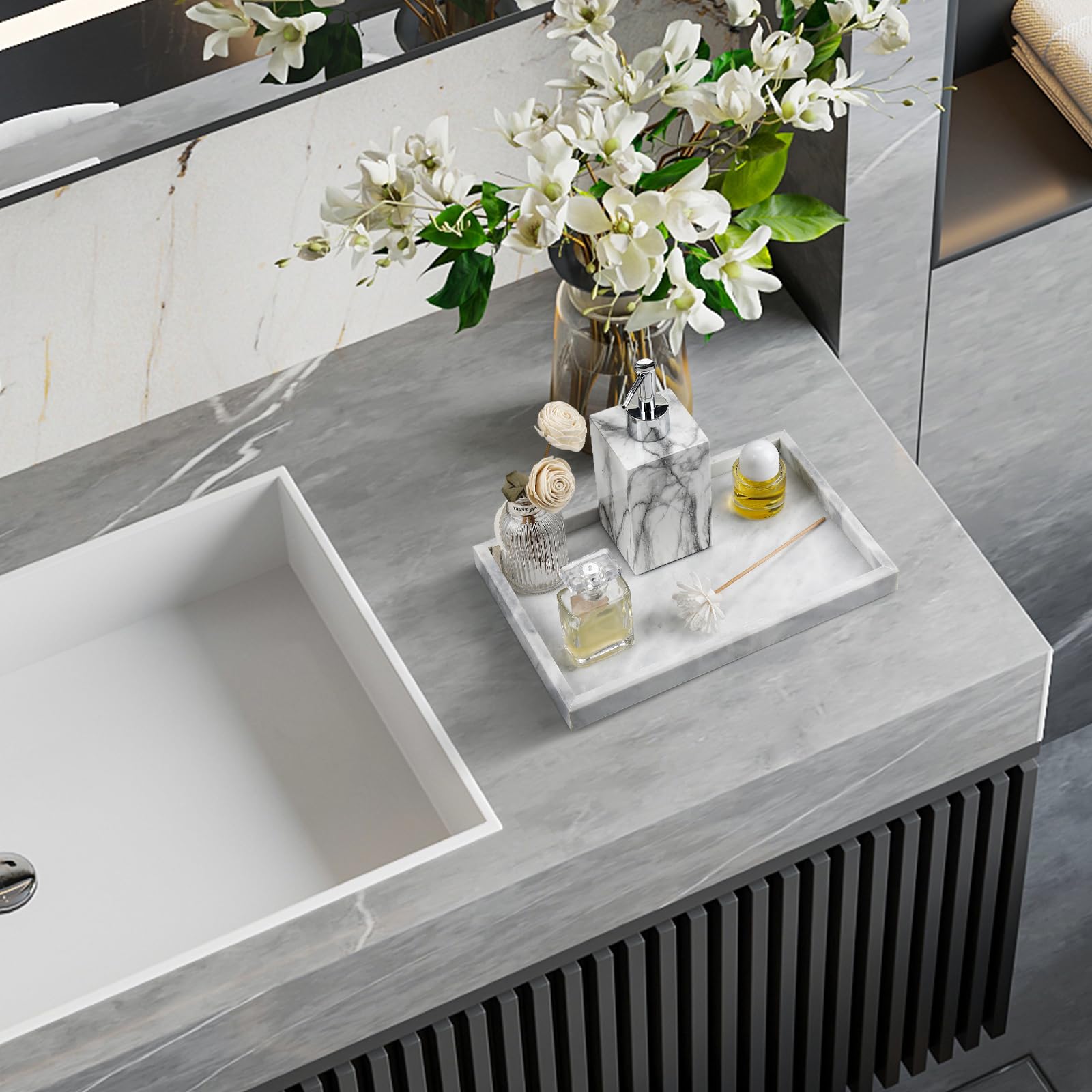 Premium Natural Marble Tray for Jewelry, Cosmetics & Home Decor - Elegant Rectangle Stone Tray for Bathroom, Vanity, Kitchen & Office Desk - Perfect for Organizing Candles, Perfume & Lotion Bottles