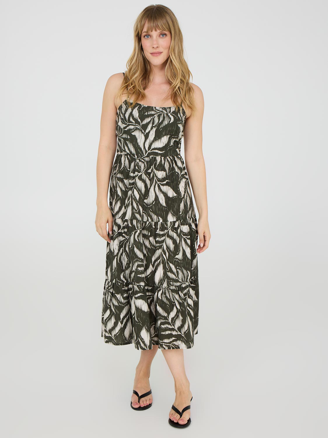 Tropical Print Spaghetti Strap Midi Dress - Flowy Summer Beach Dress for Women, Vacation & Party Wear