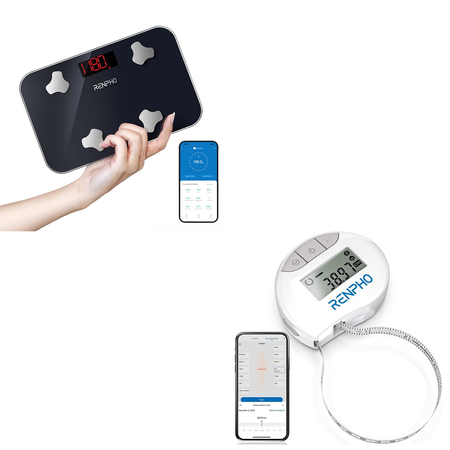 RENPHO Smart Digital Tape Measure with Bluetooth App - Portable Body Measuring Tape for Weight Loss, Fitness Tracking & Tailoring - Perfect for Home Gym, Travel & Sewing Projects