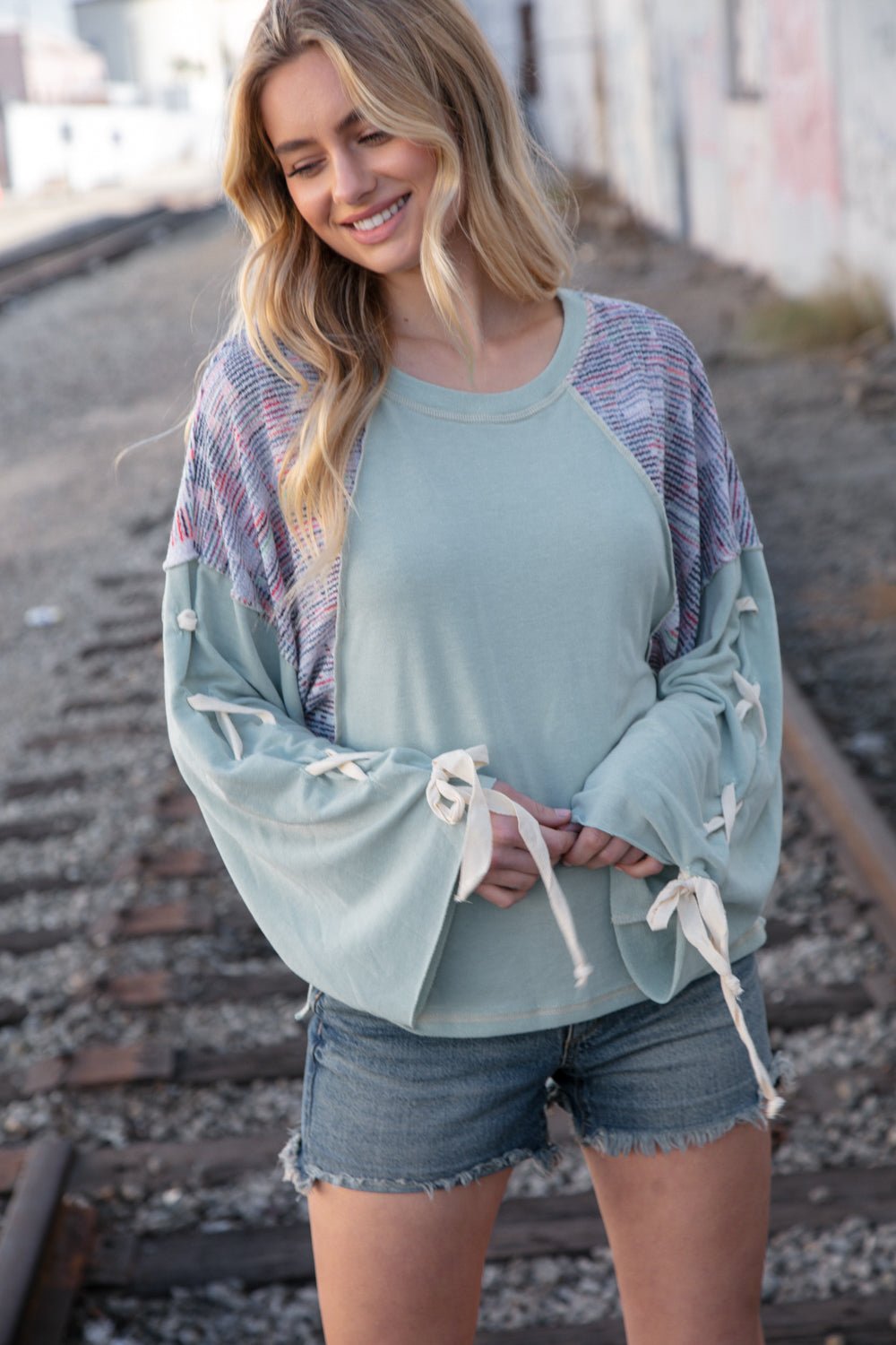 Stylish Mint Lace-Up Long Sleeve French Terry Oversized Pullover Sweatshirt | Women's Casual Loungewear for Fall & Winter | Perfect for Coffee Dates, Weekend Errands and Cozy Nights