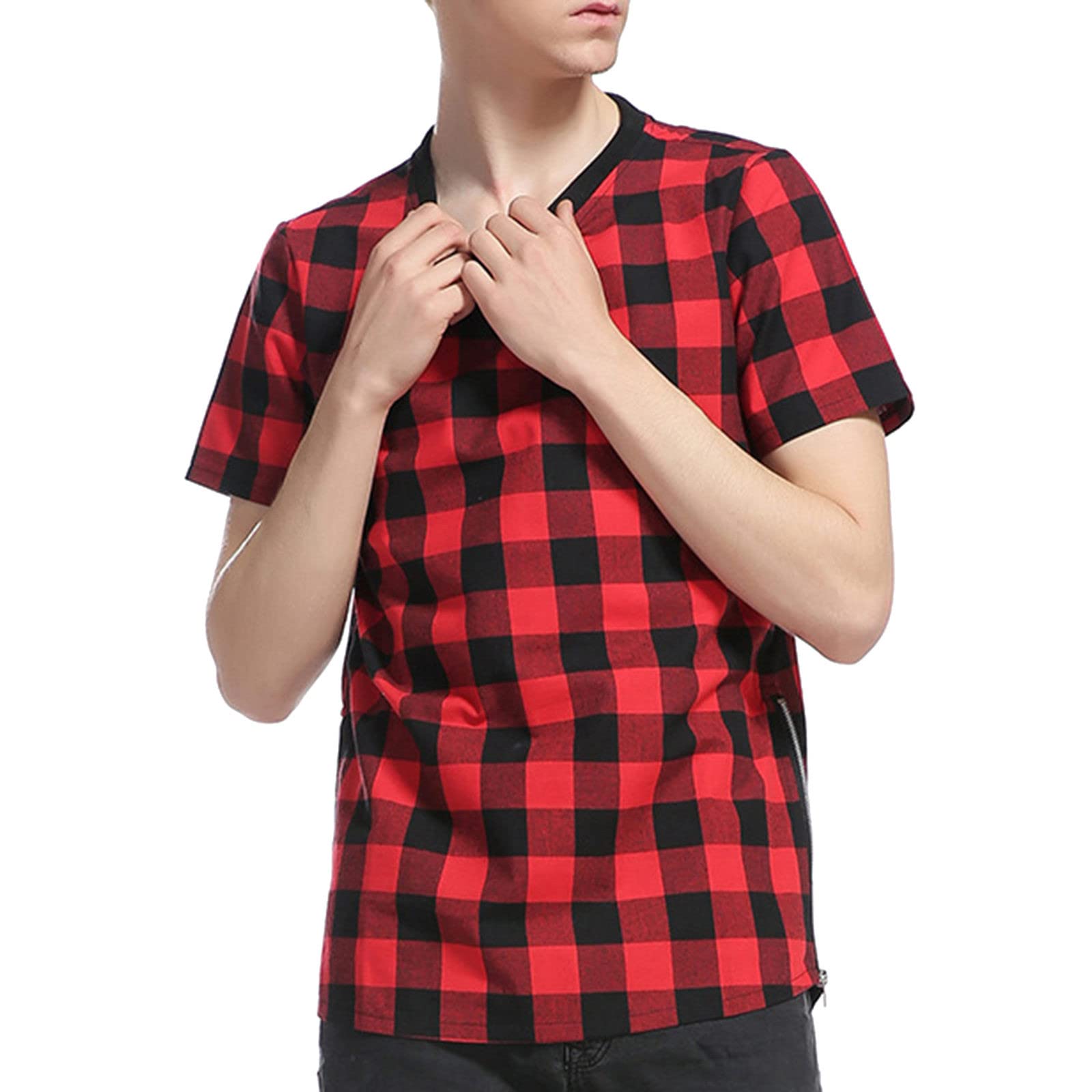 Men's Summer Plaid Short Sleeve Casual Shirt - Breathable Round Neck T-Shirt for Men in White | Perfect for Beach, Vacation & Outdoor Activities