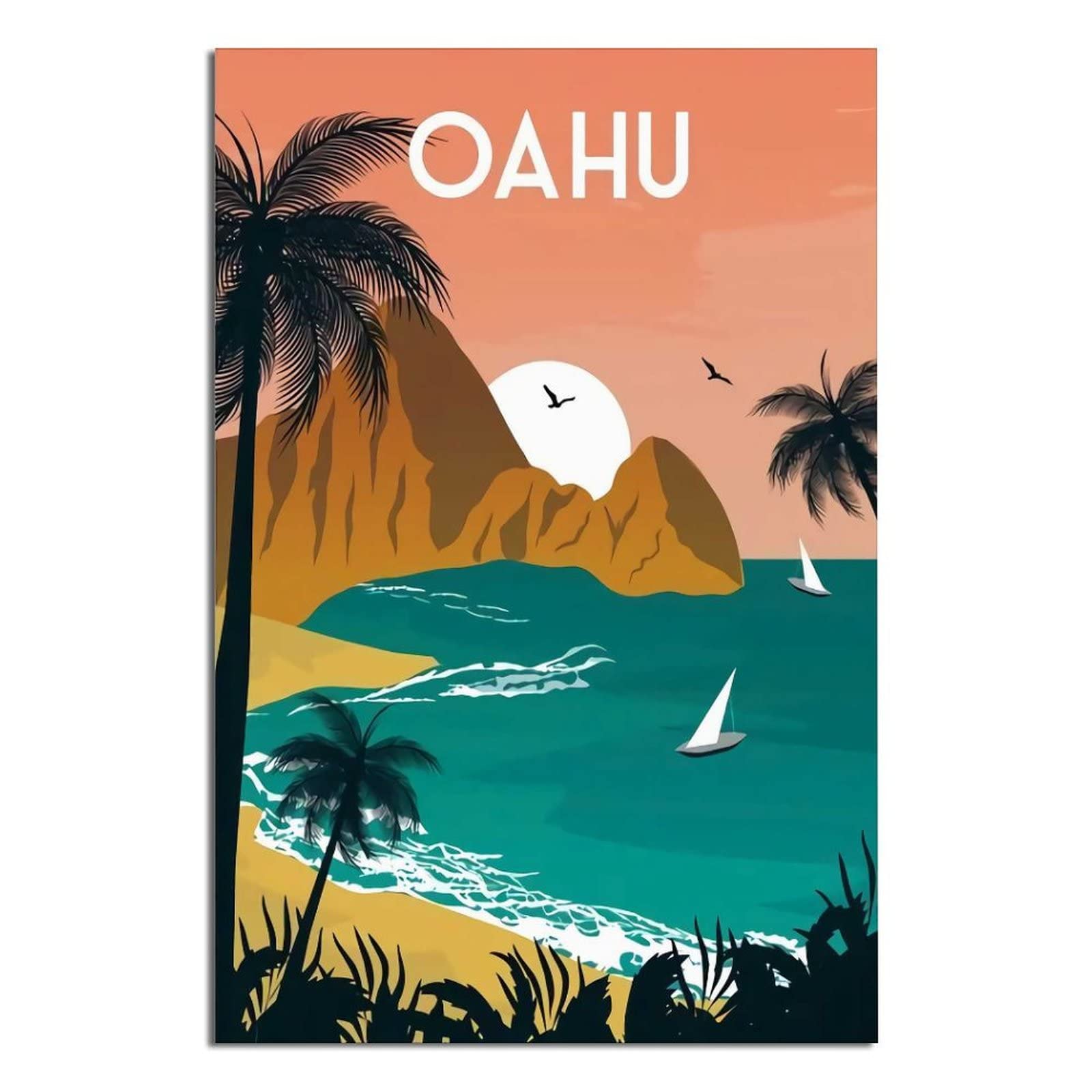 Vintage Oahu Travel Poster - Hawaiian Sunset Canvas Wall Art Print for Living Room, Bedroom & Office Decor | Tropical Beach Theme Home & Travel Inspiration
