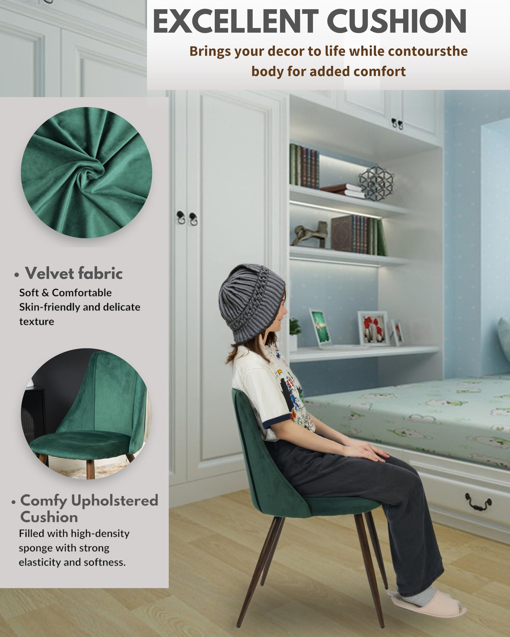 Luxury Velvet Dining Chairs Set of 2 - Modern Upholstered Kitchen Side Chairs with Soft Cushion & Sturdy Metal Legs - Elegant Accent Chairs for Home, Restaurant, or Cafe - Perfect for Dining Room, Kitchen Island, or Breakfast Nook - Green (2-Piece Set)