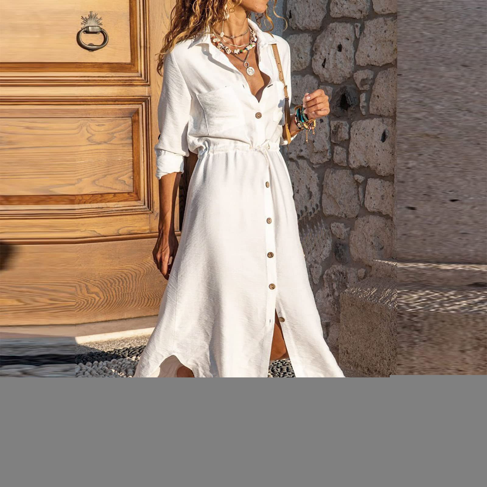 AMhomely Women's Summer Maxi Dress - Casual Button Down Shirt Dress with Long Sleeves, Lapel & Drawstring | Cotton Linen Flowy Long Dress for Party, Beach & Sundress | Perfect for Outdoor Events, Vacation & Date Nights