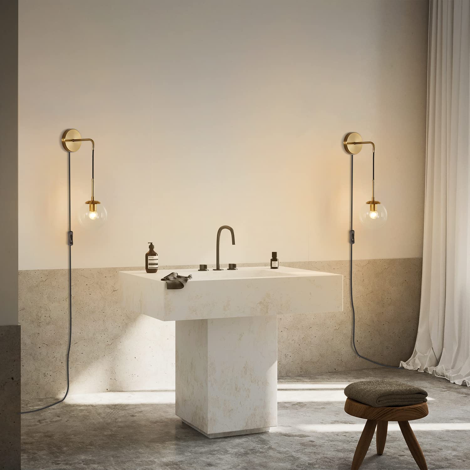 Mid Century Modern Globe Wall Sconce Lighting - Set of 2 Plug-in Brushed Brass Gold Wall Lights with Clear Bubble Glass Ball - Perfect for Bathroom, Bedroom, Hallway & Living Room Decor
