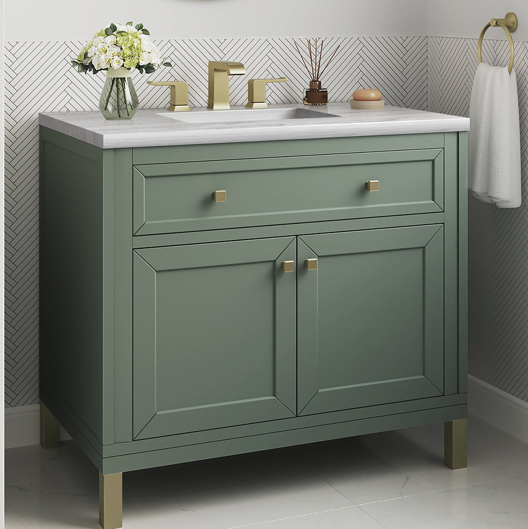 James Martin Vanities Chicago Collection 36 Inch Single Bathroom Vanity in Smokey Celadon with Countertop Options - Modern Farmhouse Style for Small Bathrooms & Powder Rooms