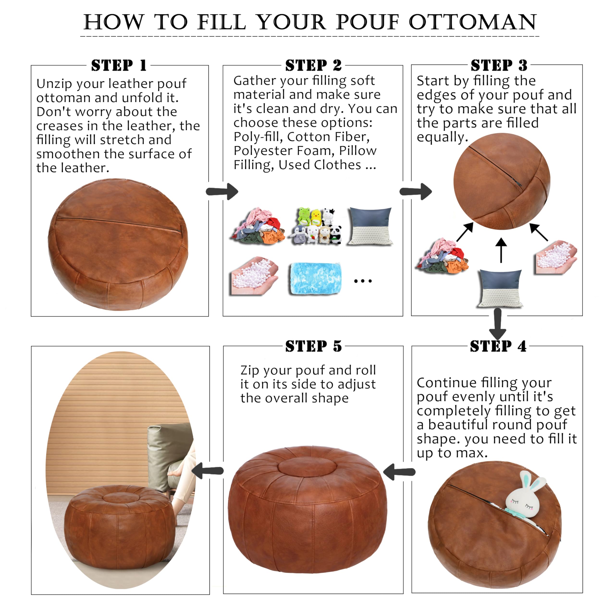 Thgonwid Moroccan Ottoman Pouf Cover - Unstuffed Footstool Storage Solution, Bean Bag Chair & Foot Rest in Brown | Perfect for Living Room, Bedroom & Boho Decor