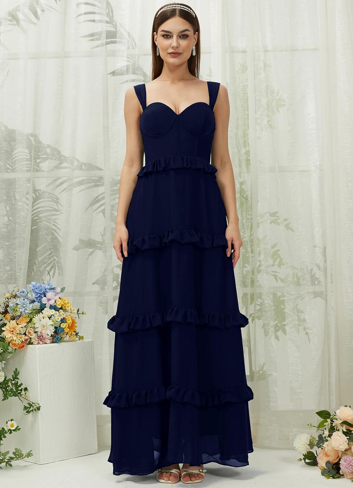 Elegant Dark Navy Chiffon Sweetheart Neckline Strapless Tiered Maxi Bridesmaid Dress - Perfect for Weddings, Formal Events & Evening Parties