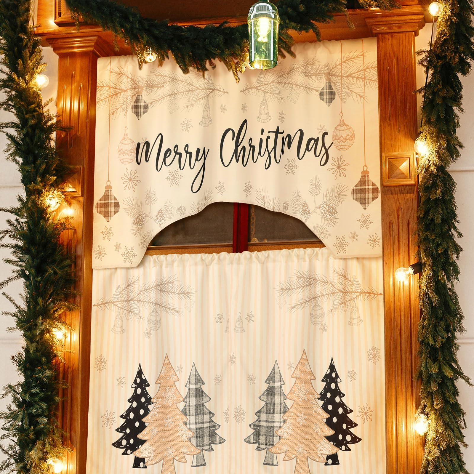 Ganeen 3-Piece Christmas Kitchen Curtain Set - Buffalo Plaid Black & White Polyester Window Tier Curtains with Valance - Farmhouse Holiday Decor for Kitchen Windows, Dining Room, and Christmas Party Decoration