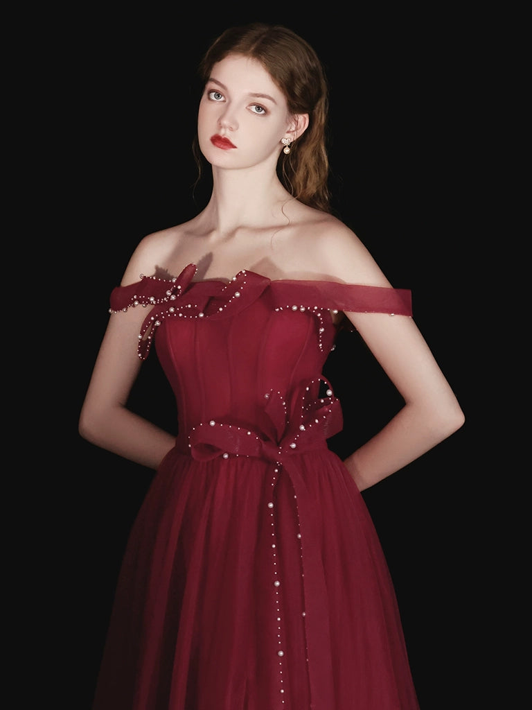 Elegant A-Line Tulle Beads Burgundy Long Prom Dress & Evening Gown for Formal Events, Homecoming, Weddings, and Special Occasions